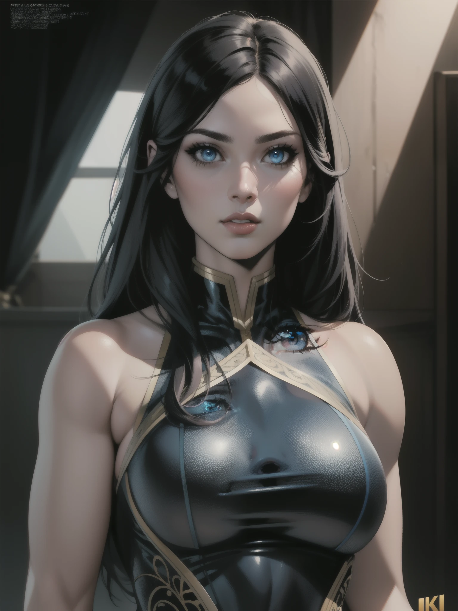 Comic Book Style Portrait of a tall pale female, with long dark black Hair, blue eyes, fighter, giantess, oriental attire, perfect composition, hyper-detailed, 8K, high quality, perfect eyes, trending art, trending on artstation, sharp focus, studio photo, intricate details, by Matteo Scalera