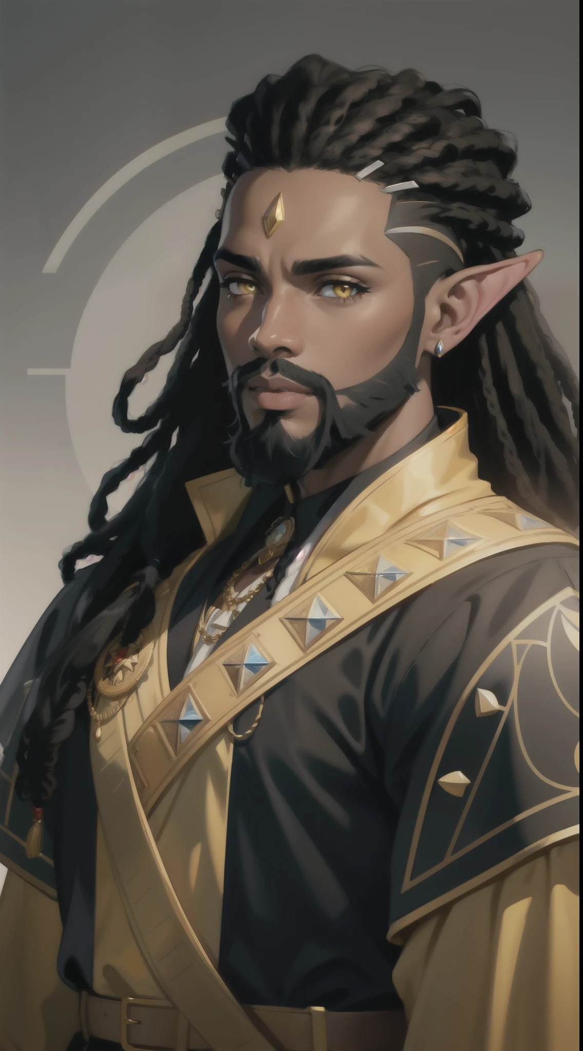 Portrait of an African-American king, with dark black dreadlocks, yellow eyes, king, beard, pointed ears, retired hero, Royal attire, perfect composition, hyper-detailed, 8K, high quality, perfect eyes, trending art, trending on artstation, sharp focus, studio photo, intricate details