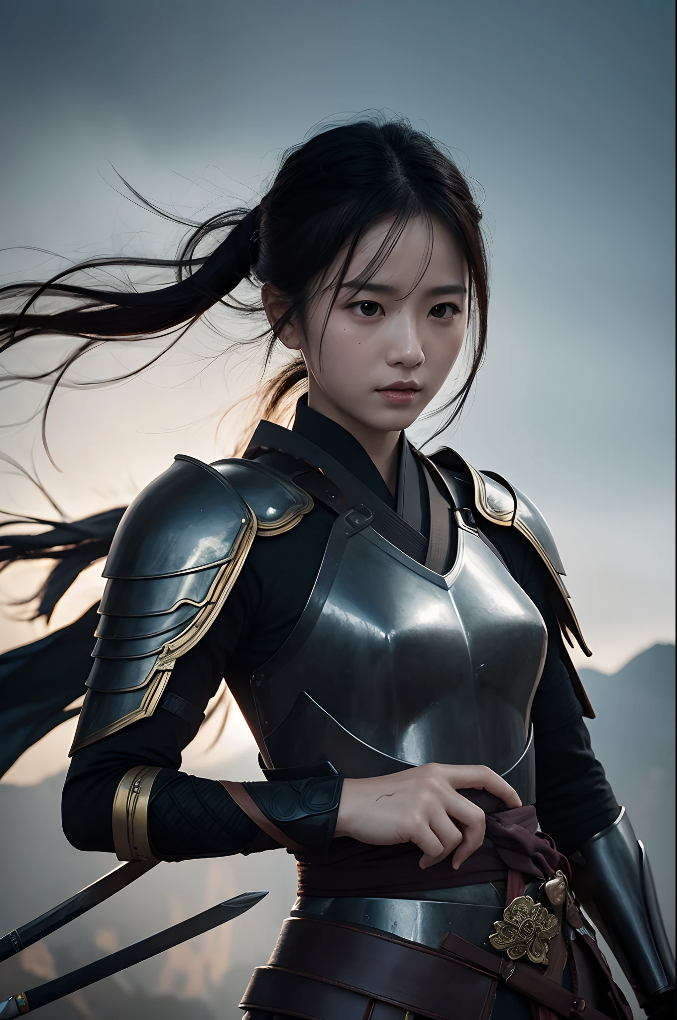 (Positive Focus), (In the dark: 1), (bestquality), (Realism: 1), Movie Poster, realistic skin texture, high-detail, 8k Wallpaper, Light quantity, Dynamic lighting, a girl, Long black hair, long straight hair, Korean Warrior, A small amount of armor........, Shoulder Armor, Waist guard, Hand Guard, Veil, Holding a long sword in front of his body........, Traditional Korean Style, Mobile Sword., Blood stains........, broken clothes, Ancient Korean Battlefield, A group of ancient soldiers chased and killed........, Flying Arrows, is, nighttime, dramatic composition, Korean Sword Surround, Detail Pictures, is, Movie Lighting, (completely naked and wet where the body is filled with mucus;;;), (Bare-chested:0.2), (topless)