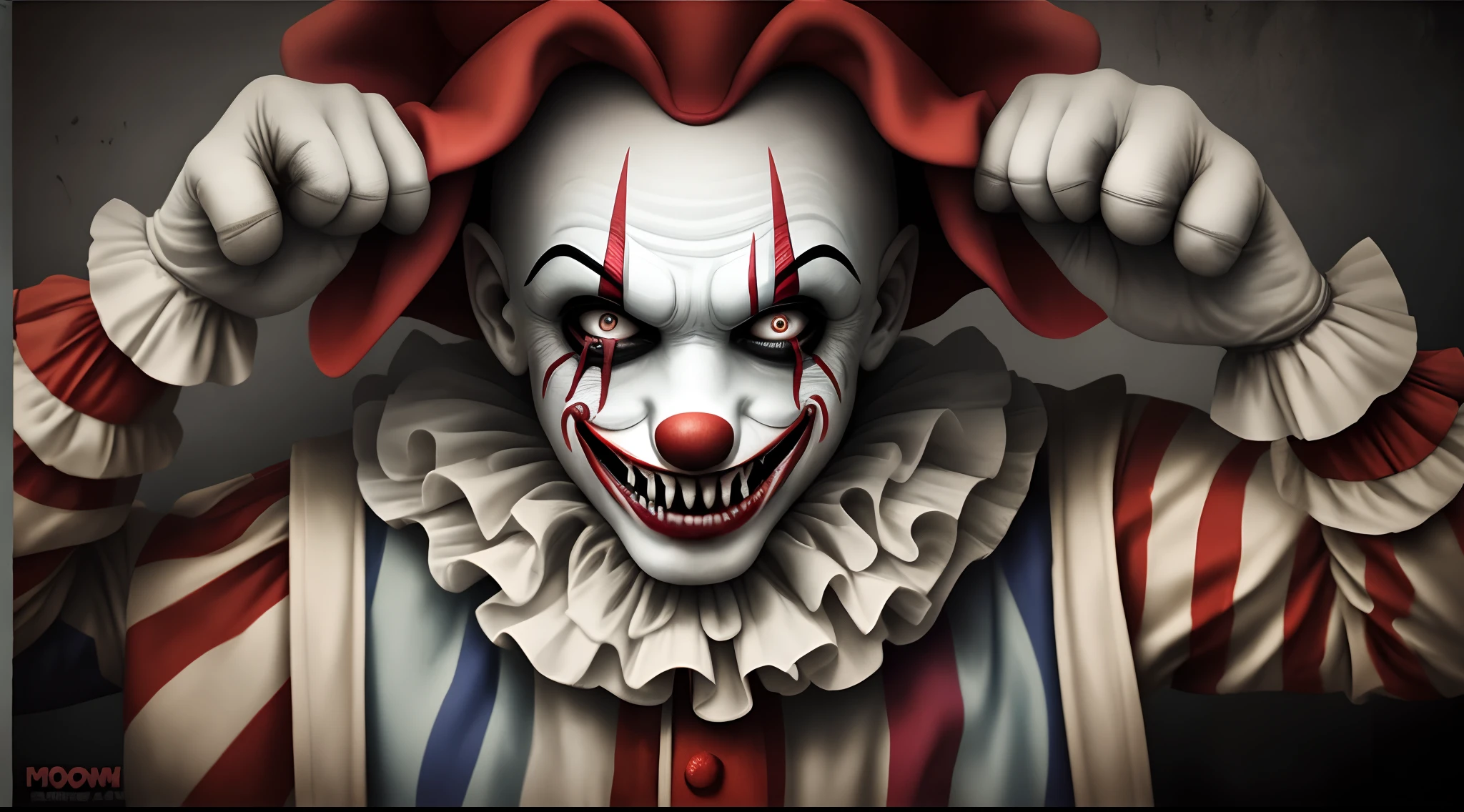 A scary clown on a movie poster with fangs with the word clown at the bottom