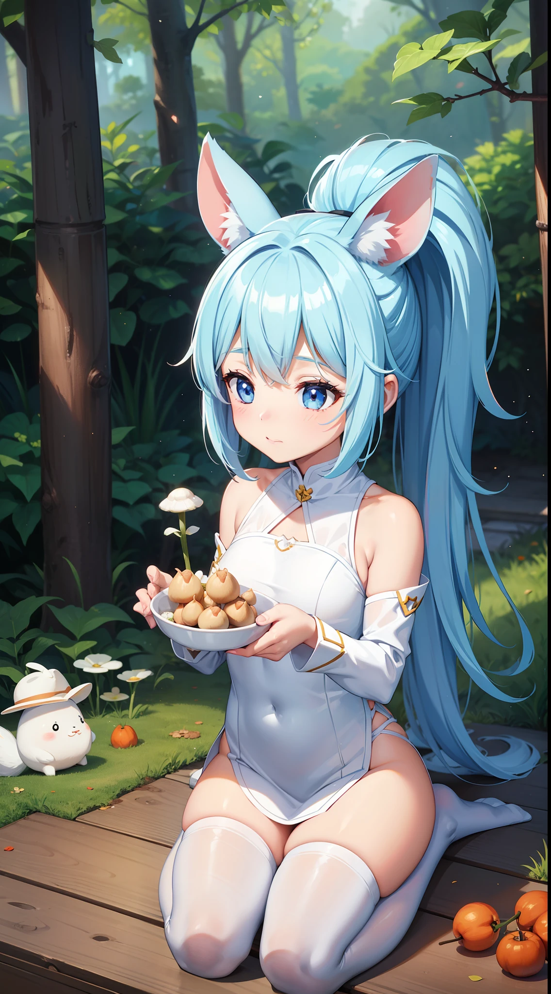 White rabbit with carrots and long ears,  long white ears、I'm with a girl with long blue hair and a chibi character。This is a lovely white and blue sexy outfit。White panty、Dark eyes。cute forest creature, Cute mushrooms also grow、Lovely digital painting, cute detailed digital art, the squirrel king, adorable digital art, cute cartoon characters, cute character, Adorable creatures, cas, official illustrations, offcial art, a squirrel, maplestory mouse, astri lohne,  cute 3d render