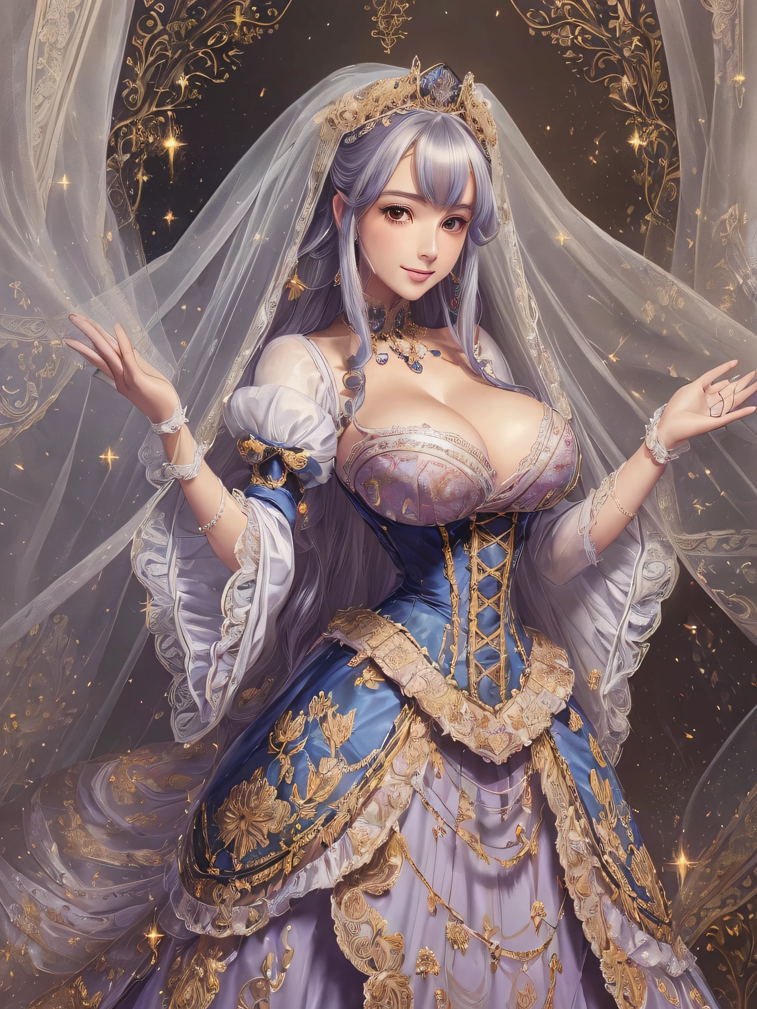 ((Anime Art Style)),(masutepiece),(Best Quality), (Super Detail),(Highly detailed CG Unity 8k wallpaper),((Very delicate and beautiful)),1 Lady,((Full body portrait)),((Stand in the garden)),((Solo)),(((One princess in a very gorgeous Victorian dress adorned with gorgeous embroidery and jewels))),(((Giant Crinoline Hoop Skirt))),Long Train,((Gorgeous embroidery and jewelry)),voluminous ruffles,See-through,(((very very gigantic boobs,Skindentation))),cleavage,((Ridiculously long straight hair,Very voluminous straight long hair,Ridiculously long straight hair)),(finely detailed face and eyes),((Seductive smile,embarrassed)),clear pupils,Very gorgeous hair ornament,(A very gorgeous tiara adorned with sparkly jewels),((Glittery Gorgeous Gemstone Jewelry)),Gorgeous Long Veil,((ultra long gloves)),(Beautiful background),(Full body),((Very gorgeous Victorian dress adorned with gorgeous embroidery and jewels))
