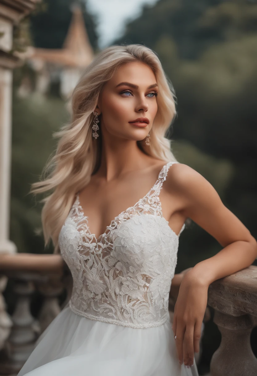 realistic white female instagram influencer, best quality, blonde, 1 girl, blue eyes, in white dress