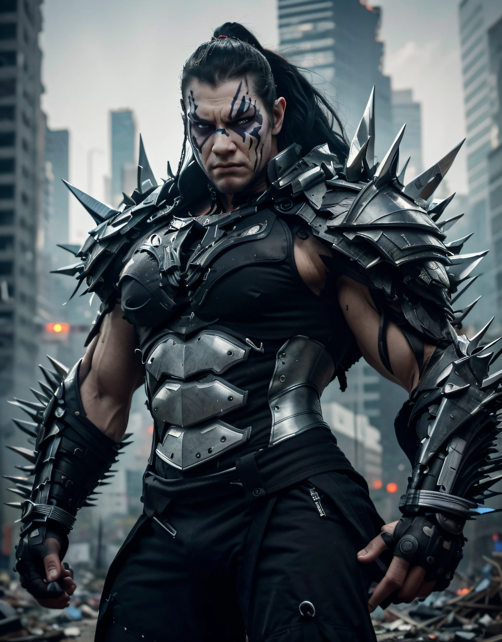 very muscular man white skin long black hair taken in a ponytail shaved at the sides, rude angry face painted black and white, black biomechanical style armor with many purple tips, tubes and cables, he is in a city completely destroyed in flames rubble , cables and pipes, ultra realistic, Ultra detailed, Hyper realistic, 4k, Ultra detailed image, realistic, Highly detailed, perfect composition, beautiful intricately detailed incredibly detailed, 8K fine art photography, hyper detailed, Masterpiece