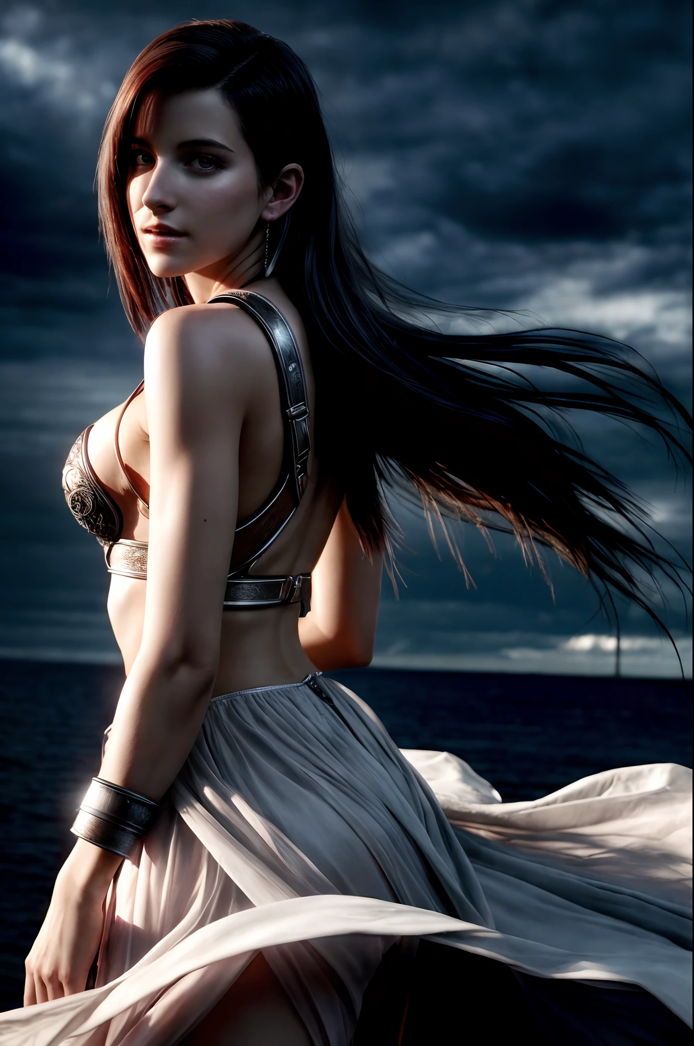 Masterpiece, RAW photo, Realistic, Photorealistic, full-length portrait, Dramatic shadows, (((Best Quality))), Highly detailed, cute sexy 19 yo Tifa Lockhart, , pleasure, small breasts, Detailed, perfect eyes, luminism, 8K resolution, Futuristic background with dial, Short hair with side cut, intricately-detailed, Cinematic lighting, Backlighting, Center Cover Photo, Stunning full-color, Dark atmosphere, windy weather
