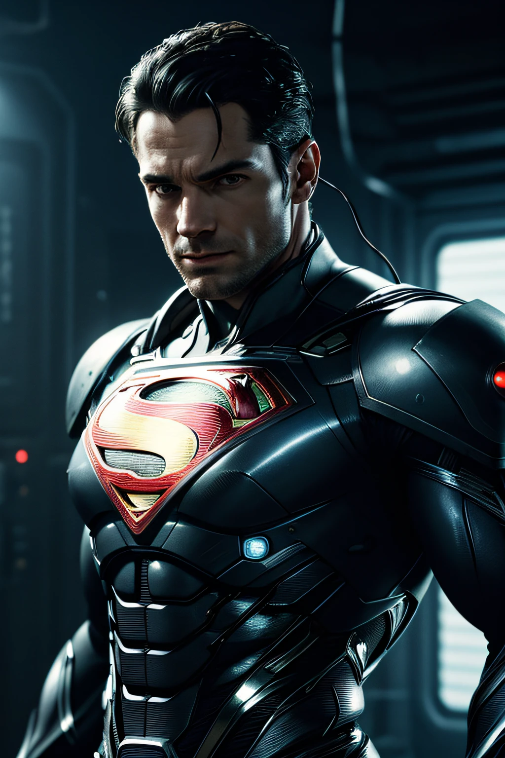 masterpiece, ultra detailed cg render of a cyborg, close up, man of steel, mechanical arms, cyberpunk style, technological, dark, reflections, superficie scattering, 8k, badass, cinematic, glowing eyes,metal head, lights on the chest, wires, tubles, wires coming out the ciborg, UHD, finalelly detailed, high res, realistic