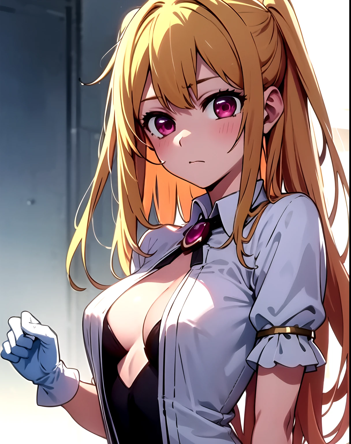 masterpiece, best quality, ruby hoshino, +_+, blonde hair, expressionless, looking at viewer, 1girl, solo, detailed eyes, upperbody, white gloves, , medium boobs