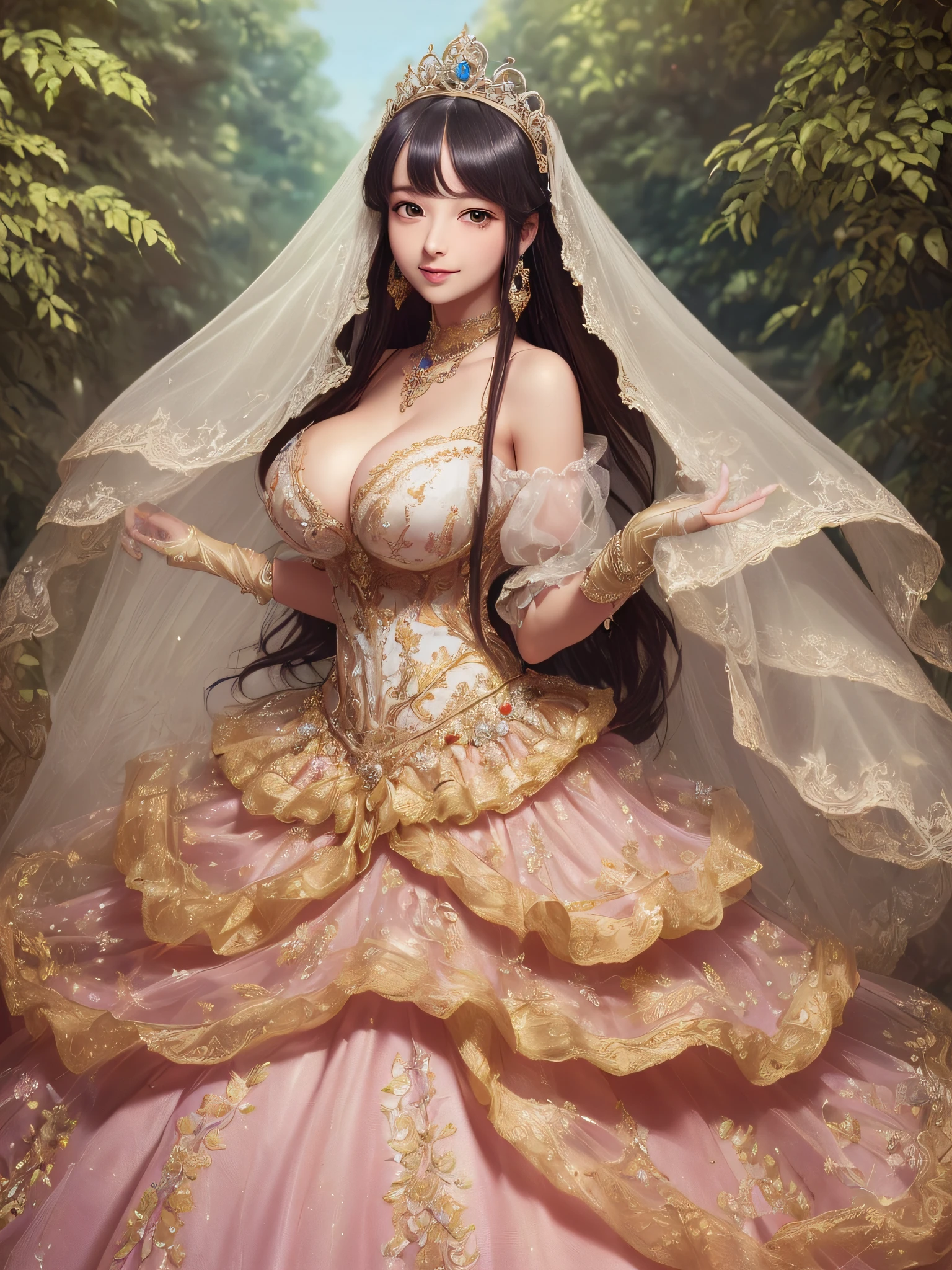 ((Anime Art Style)),(masutepiece),(Best Quality), (Super Detail),(Highly detailed CG Unity 8k wallpaper),((Very delicate and beautiful)),1 Lady,((Full body portrait)),((Stand in the garden)),((Solo)),(((One princess in a very gorgeous Rococo princess ball gown and a voluminous full-length hoop skirt adorned with gorgeous embroidery and jewels))),(((Giant Crinoline Hoop Skirt))),Long Train,((Gorgeous embroidery and jewelry)),voluminous ruffles,See-through,(((very very gigantic boobs,Skindentation))),cleavage,((Ridiculously long straight hair,Very voluminous straight long hair,Ridiculously long straight hair)),(finely detailed face and eyes),((Seductive smile,embarrassed)),clear pupils,Very gorgeous hair ornament,(A very gorgeous tiara adorned with sparkly jewels),((Glitter Gorgeous Gemstone Jewelry)),Gorgeous Long Veil,((ultra long gloves)),(Beautiful background),(Full body),((Very gorgeous Rococo princess ball gown with gorgeous embroidery and jewels and voluminous full-length hoop skirt))