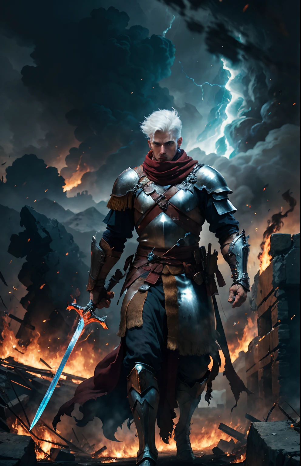 In the midst of the chaos consuming the land, emerged a young warrior with short, white hair, whose silvery strands seemed to gleam like the moon on a starry night. His eyes, however, were a deep red, as if they reflected the flames of destruction surrounding him.
The warrior's skin was adorned with battle scars, marks from countless fights he had faced. His face, though, showed no signs of fear or hesitation; instead, it displayed a fierce determination. His body was slender but muscular, indicating a formidable strength hidden beneath his youthful appearance.
Clad in sturdy armor, he carried a broad, sharp sword, its blade shining in the light of the flames burning around him. In his grip, the sword's hilt was worn from constant use, a silent testament to all the battles he had fought.
The warrior moved with agility, his motions precise and calculated. He showed no signs of fatigue, despite the chaotic surroundings. His countenance was resolute, and his red eyes burned with fervent passion, as if he were the very embodiment of vengeance against the chaos ravaging the world.
In the background, the scene was breathtaking and terrifying at the same time. The sky was tinged with red, reflecting the fire devouring the landscape. Ruins of ancient constructions stood as mute witnesses to a once prosperous civilization, now reduced to rubble.
The thunderous sound of battle echoed throughout the place, blending with the howling winds and distant cries of unknown creatures. Despite the chaos, the young warrior remained unshaken, his unwavering determination like a blazing flame amidst the darkness.
In this scene of destruction, he stood as a last hope, a symbol of courage and resistance against the forces threatening to engulf the world. His hair as white as snow and his eyes as fiery red as burning embers told the tale of a fearless warrior, willing to fight to the end to protect what remained of humanity.