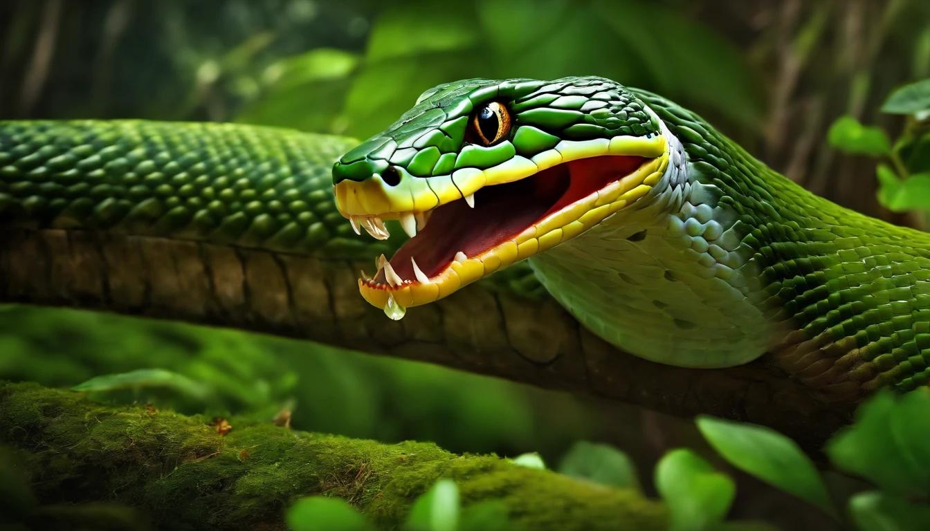 ((Best quality, 4k, high resolution)), (((scary snake))) in the forest, children's book, joyful moments, beauty of nature, vivid colors, (scary face).