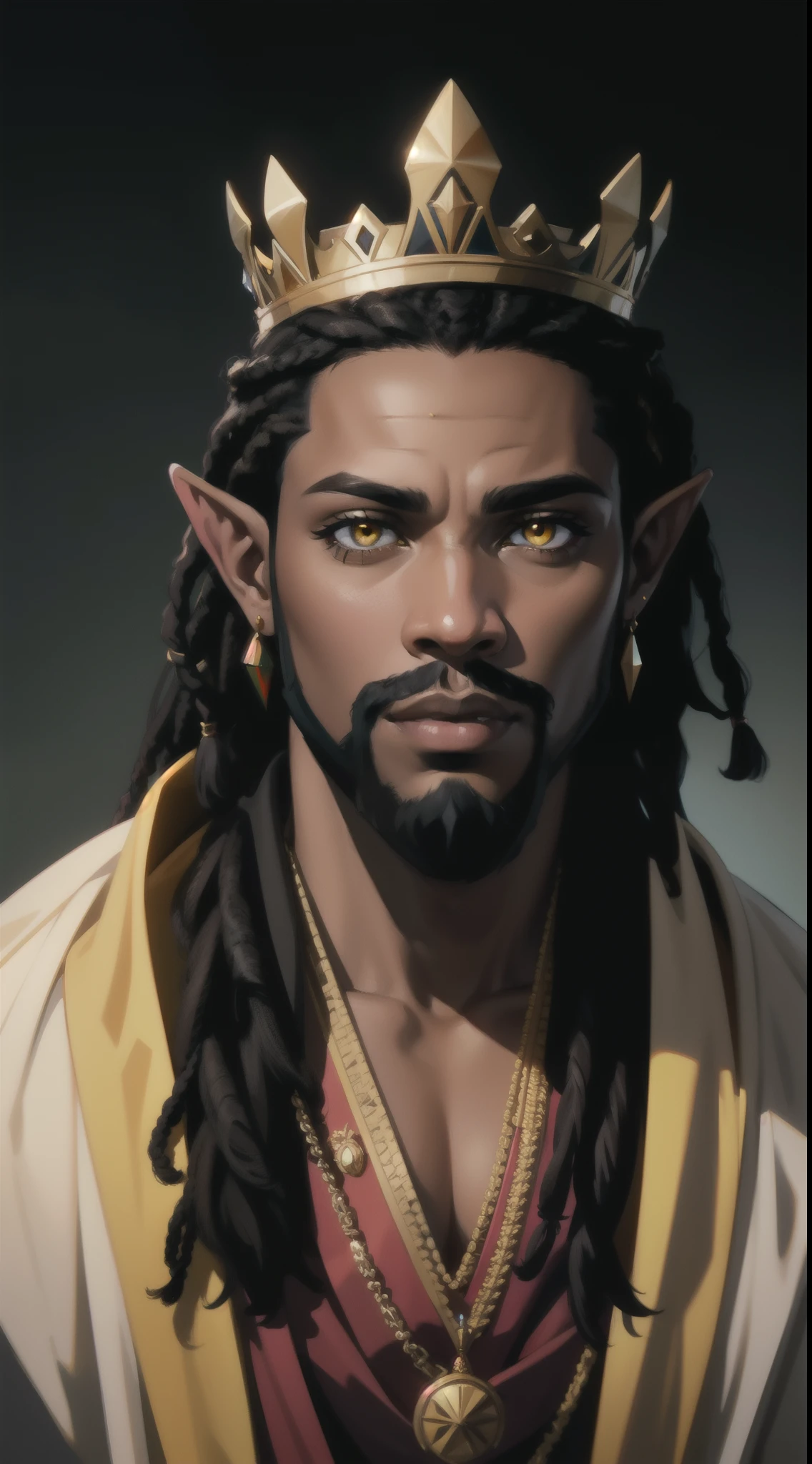 Portrait of an African-American king, with dark black dreadlocks, yellow eyes, king, beard, pointed ears, retired hero, Royal attire, perfect composition, hyper-detailed, 8K, high quality, perfect eyes, trending art, trending on artstation, sharp focus, studio photo, intricate details