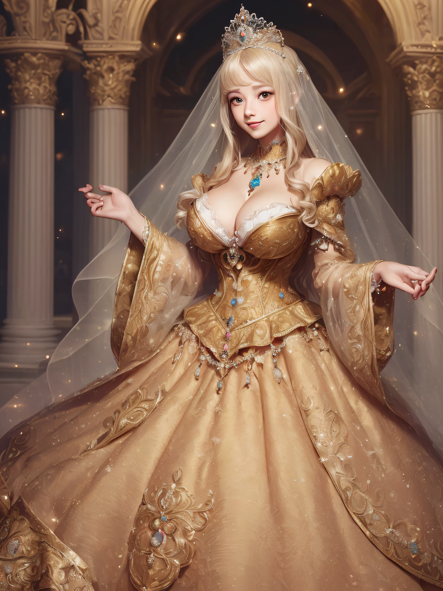 ((Anime Art Style)),(masutepiece),(Best Quality), (Super Detail),(Highly detailed CG Unity 8k wallpaper),((Very delicate and beautiful)),1 Lady,((Full body portrait)),((Stand in the garden)),((Solo)),(((One princess in a very gorgeous Rococo princess ball gown and a voluminous full-length hoop skirt adorned with gorgeous embroidery and jewels))),(((Giant Crinoline Hoop Skirt))),Long Train,((Gorgeous embroidery and jewelry)),voluminous ruffles,See-through,(((very very gigantic boobs,Skindentation))),cleavage,((Ridiculously long straight hair,Very voluminous straight long hair,Ridiculously long straight hair)),(finely detailed face and eyes),((Seductive smile,embarrassed)),clear pupils,Very gorgeous hair ornament,(A very gorgeous tiara adorned with sparkly jewels),((Glitter Gorgeous Gemstone Jewelry)),Gorgeous Long Veil,((ultra long gloves)),(Beautiful background),(Full body),((Very gorgeous Rococo princess ball gown with gorgeous embroidery and jewels and voluminous full-length hoop skirt))