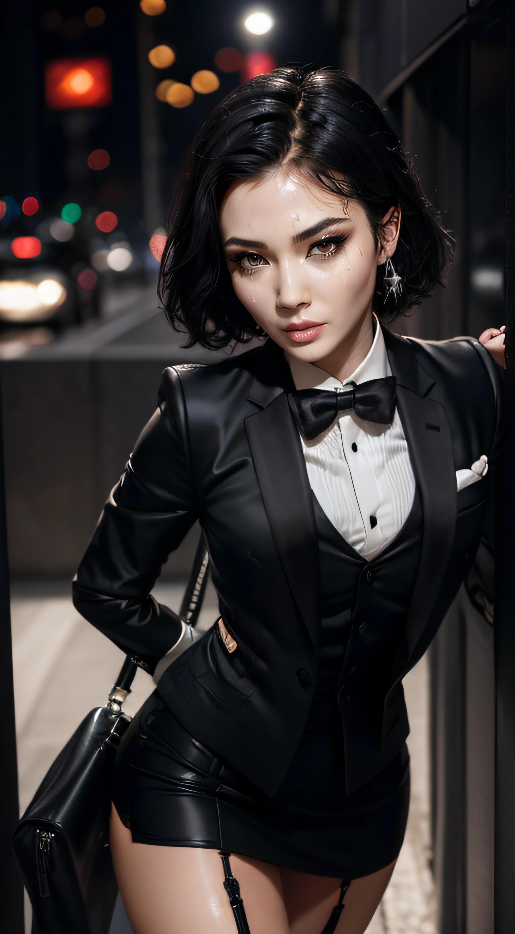 (A beautiful 25 years old Asian Hitwoman), (wolfcut black hair), (pale skin), (serious face), (wearing black and white formal tuxedo), skirt suit, (((tuxedo))), (((dress shirt))), (((black bowtie))), blazer, (((suit jacket))), (((waistcoat))), double-breasted waistcoat, (((bodycon miniskirt))), pencil skirt, tights, pantyhose, white gloves, (city at night background), view from front, waist up shot, dynamic pose, ambient lighting, photo realism, intricate face detail, intricate hand details, highly detailed, vibrant colors, cinematic, high definition, trending on Artstation--style raw, 4boys, blowbang, penis , bukkake, cum, facial, cum on face, deepthroat, running makeup, running mascara, cum on clothes, cum on hair, messy, sticky