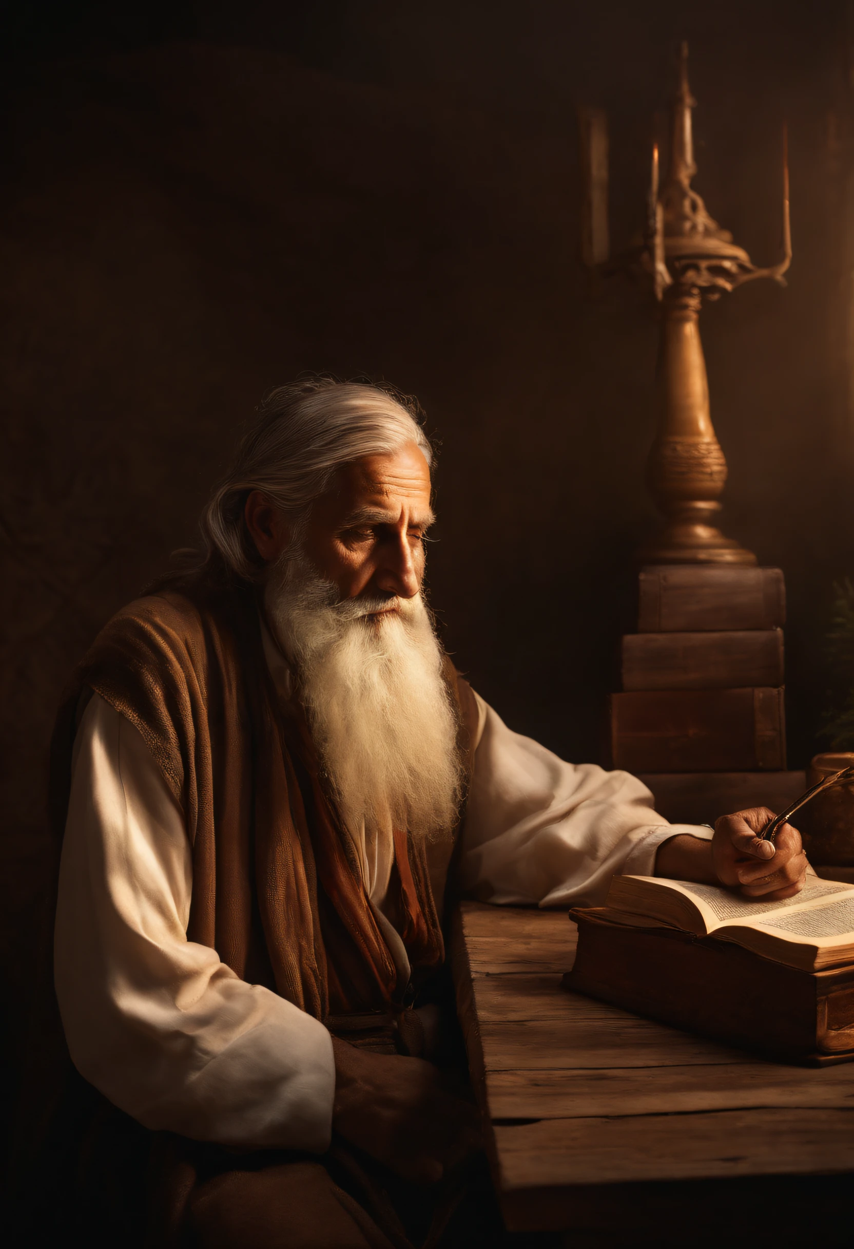 adrão
11:32:17
Develop an ultra-realistic image of an Old Testament prophet in a moment of reflection, Imagine him writing a scroll in a rustic setting.