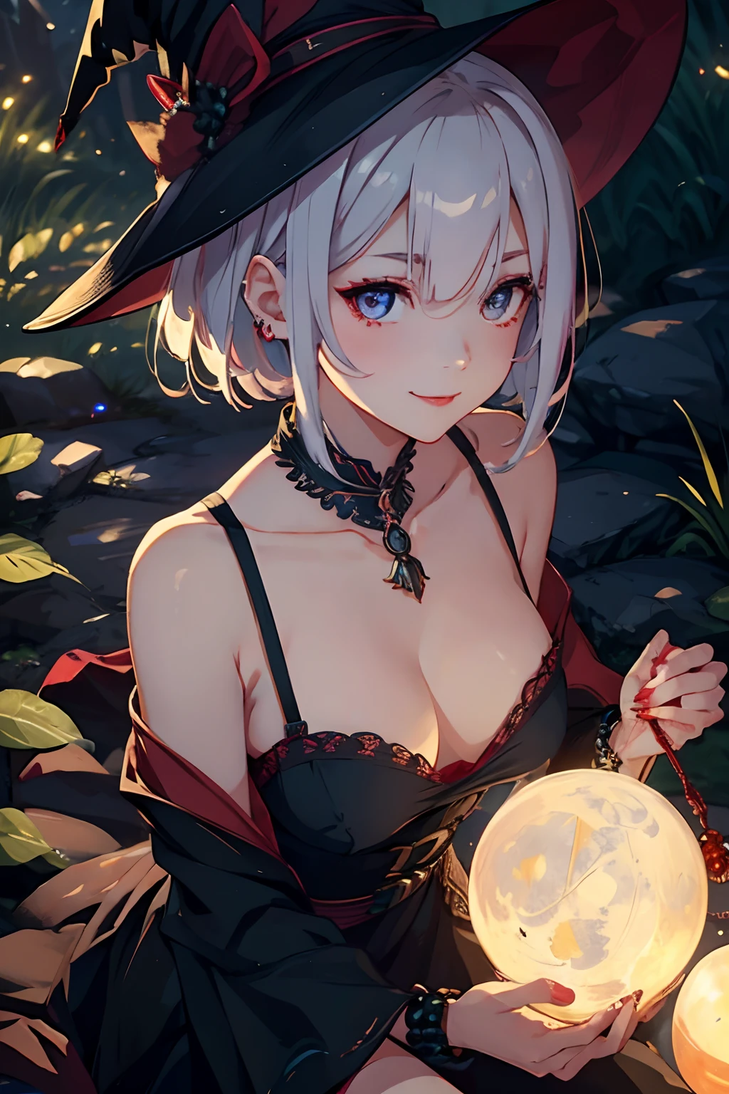 in 8K、top-quality, Ultra-Detailed, Ambient Light, Backlighting, Realistic Shadows, Glowing Particles, Light Particles, Digital Art, Detailed Face, Detailed Hair, (Hyper-Detailed Eyes:1.2), Soft Light, Soft Lighting,、masterpiece、ultra-detailliert、Ultra-high resolution、Anime style、One Witch、witch's hat、black cat、natta、fullmoon、a short bob、makeup、eyeshadows、red lipsticks、a necklace、A bracelet、anklets、manicure、Red high heels、Red face、Smile bewitchingly, beautiful detailed eyes, sparkling eyes, alluring face and chest.