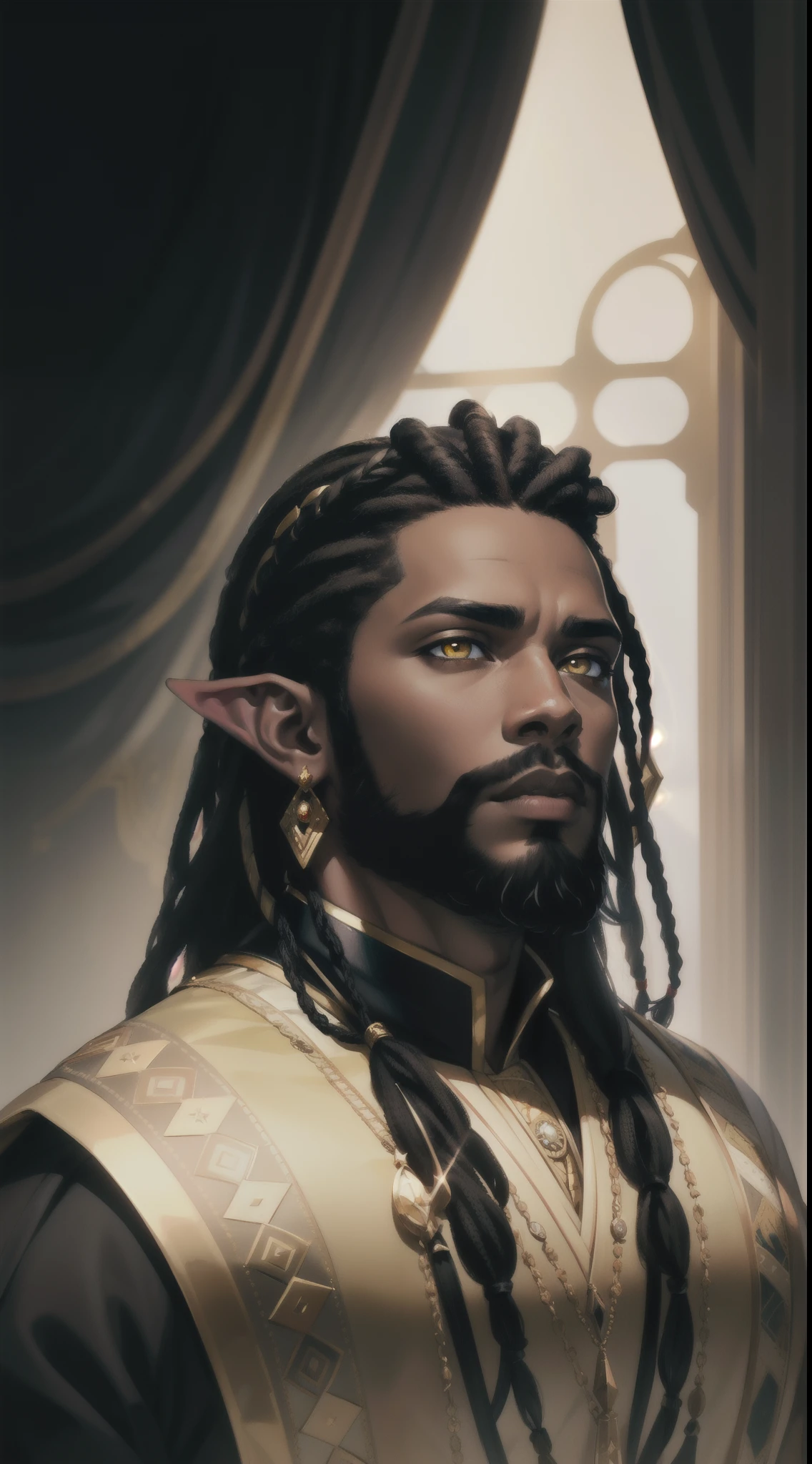 Portrait of an African-American king, with dark black dreadlocks, yellow eyes, king, beard, pointed ears, retired hero, Royal attire, perfect composition, hyper-detailed, 8K, high quality, perfect eyes, trending art, trending on artstation, sharp focus, studio photo, intricate details