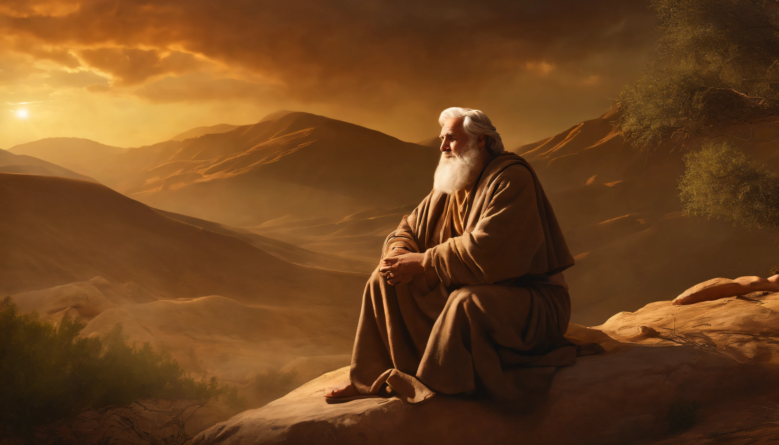 In the Bible, Abraham offers Isaac to God as riches, Young Isaac, Old Abraham, mountains,papyrus,Weathered parchment,Old gowns,,History reference,High-quality artwork and details,Realistic portrait style,Subtle color palette,vibrant background,natural textures,Deep Shadows,Subtle highlights,Historical accuracy,meticulous attention to detail,Emotional depth and intensity,Authentic Representation,Thought-provoking,Spiritual atmosphere,A Sense of Ancient Wisdom,Profound impact