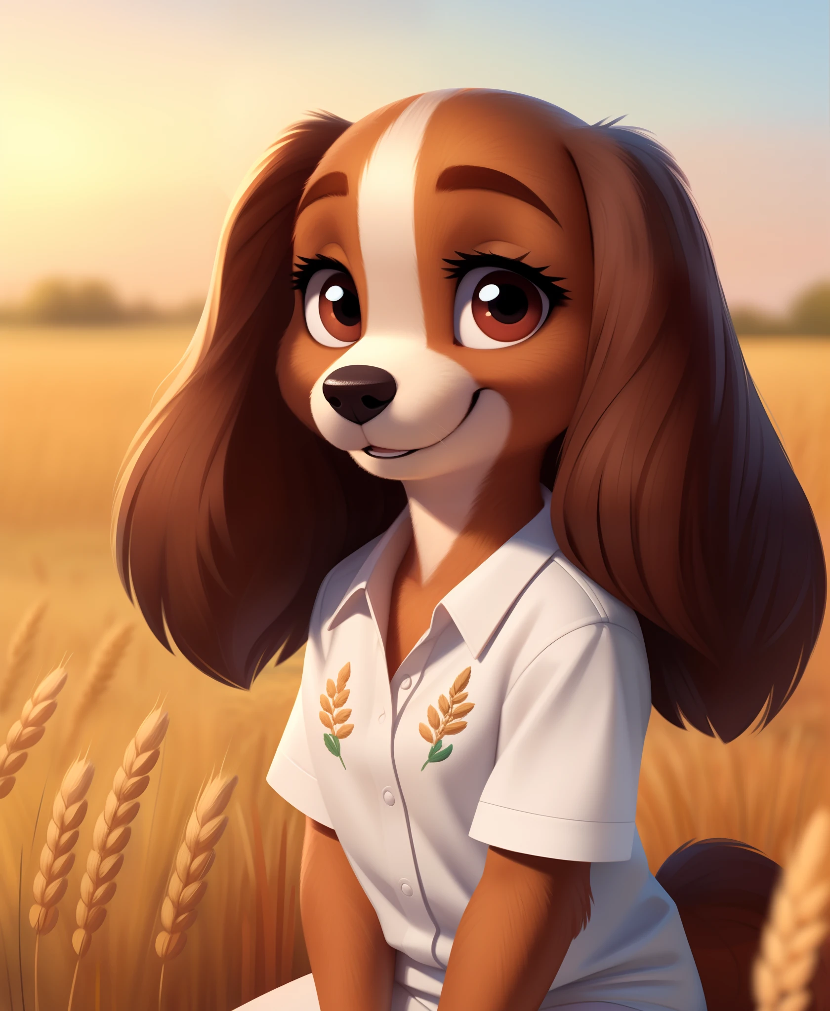 (by qupostuv35:1.0), (by siroc:0.7),looking at viewer,
female, (Detailed face), [(thin:1.1) : small petite : (cocker spaniel):4], (Detailed face), (more details, detailed background:1.1), lush eyelashes, tail, happy smile, looks at the camera with his head tilted, sitting in a wheat field, white embroidered shirt