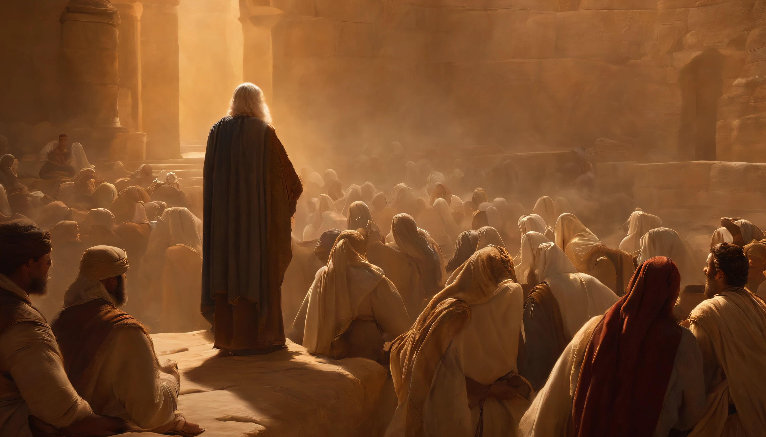 Jeremiah calls the Israelites to repentance, The Cry of the Prophet,Gatherings with large numbers of people, papyrus,Weathered parchment,Old gowns,,History reference,High-quality artwork and details,Realistic portrait style,Subtle color palette,vibrant background,natural textures,Deep Shadows,Subtle highlights,Historical accuracy,meticulous attention to detail,Emotional depth and intensity,Authentic Representation,Thought-provoking,Spiritual atmosphere,A Sense of Ancient Wisdom,Profound impact