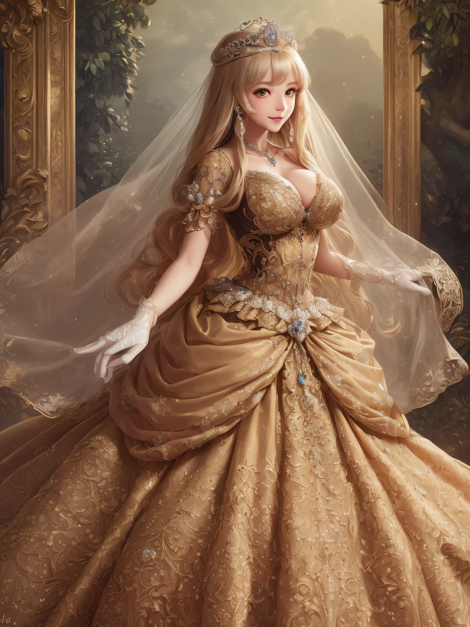 ((Anime Art Style)),(masutepiece),(Best Quality), (Super Detail),(Highly detailed CG Unity 8k wallpaper),((Very delicate and beautiful)),1 Lady,((Full body portrait)),((Stand in the garden)),((Solo)),(((One princess in a very gorgeous Rococo princess ball gown and a voluminous full-length hoop skirt adorned with gorgeous embroidery and jewels))),(((Giant Crinoline Hoop Skirt))),Long Train,((Gorgeous embroidery and jewelry)),voluminous ruffles,(((very very gigantic boobs,Skindentation))),cleavage,((very long straight hair,Very voluminous straight long hair,very long straight hair)),(finely detailed face and eyes),((Seductive smile,embarrassed)),Beautiful eyes like jewels,Very gorgeous hair ornament,(A very gorgeous tiara adorned with sparkly jewels),((Glitter Gorgeous Gemstone Jewelry)),Gorgeous Long Veil,((ultra long gloves)),(Beautiful background),(Full body),((Very gorgeous Rococo princess ball gown with gorgeous embroidery and jewels and voluminous full-length hoop skirt))