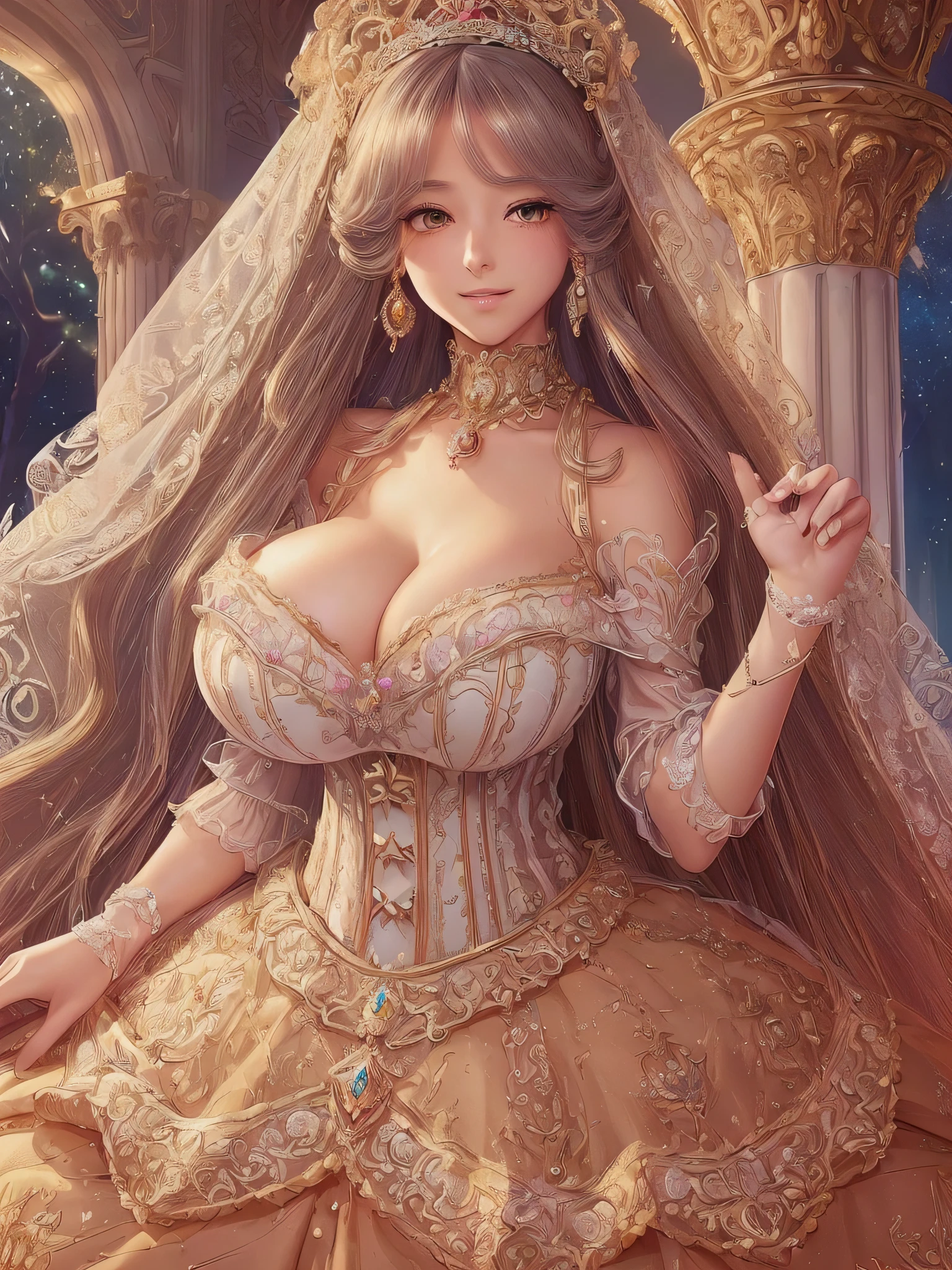 ((Anime Art Style)),(masutepiece),(Best Quality), (Super Detail),(Highly detailed CG Unity 8k wallpaper),((Very delicate and beautiful)),1 Lady,((Full body portrait)),((Stand in the garden)),((Solo)),(((One princess in a very gorgeous Rococo princess ball gown and a voluminous full-length hoop skirt adorned with gorgeous embroidery and jewels))),(((Giant Crinoline Hoop Skirt))),Long Train,((Gorgeous embroidery and jewelry)),voluminous ruffles,(((very very gigantic boobs,Skindentation))),cleavage,((very long straight hair,Very voluminous straight long hair,very long straight hair)),(finely detailed face and eyes),((Seductive smile,embarrassed)),Beautiful eyes like jewels,Very gorgeous hair ornament,(A very gorgeous tiara adorned with sparkly jewels),((Glitter Gorgeous Gemstone Jewelry)),Gorgeous Long Veil,((ultra long gloves)),(Beautiful background),(Full body),((Very gorgeous Rococo princess ball gown with gorgeous embroidery and jewels and voluminous full-length hoop skirt))