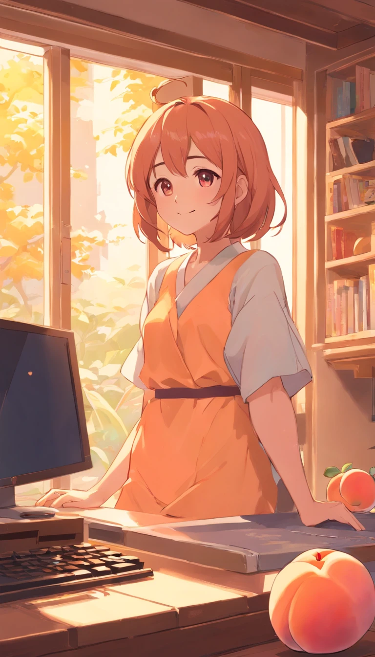 girl with、kawaii、Colorful Peach Ashhttps://sing.。.com/Mumu_Mhm09、Smiling、looks sleepy、in a house、early morning、Before Playing Minecraft、Computer in one hand、