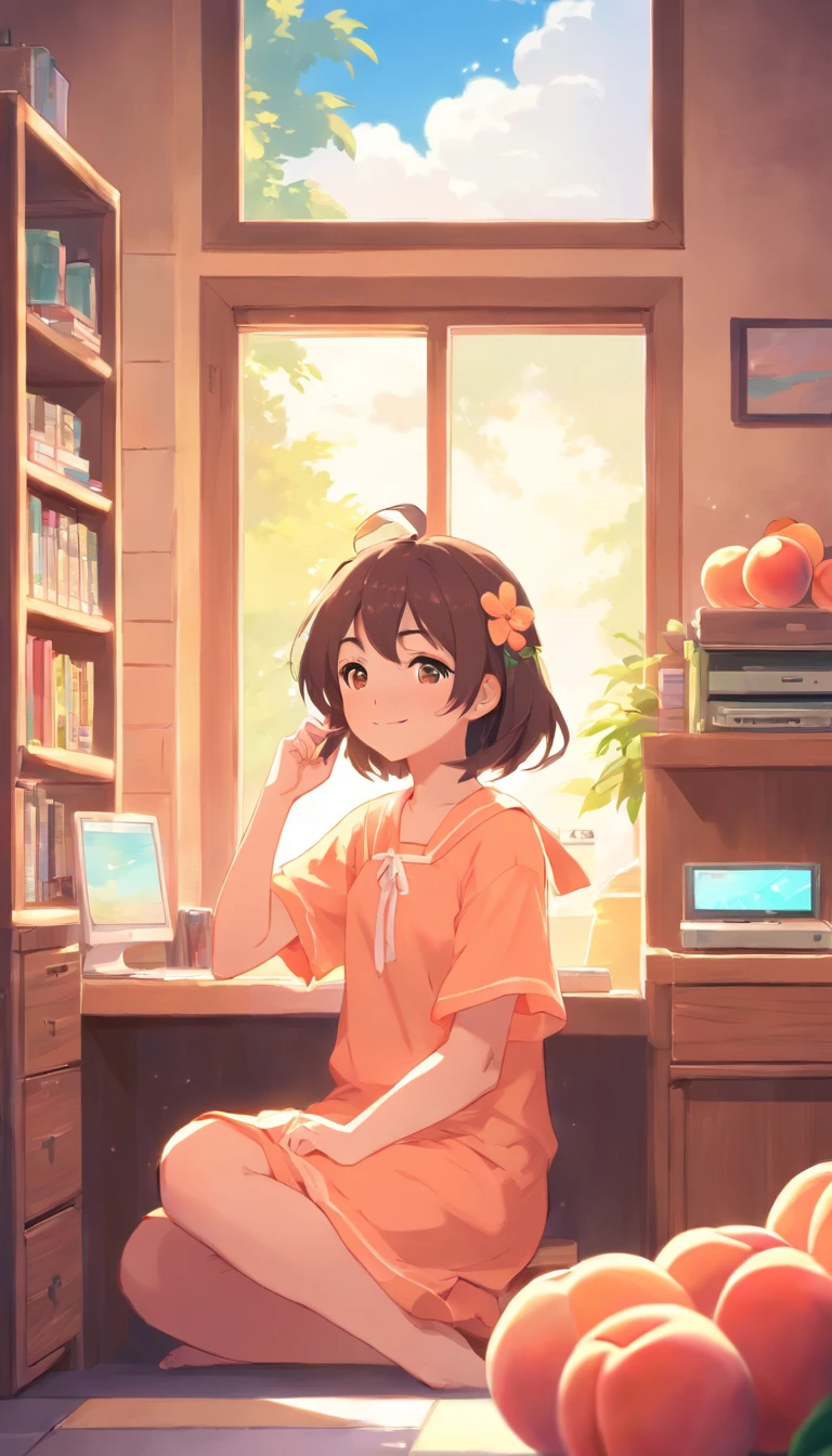 girl with、kawaii、Colorful Peach Ashhttps://sing.。.com/Mumu_Mhm09、Smiling、looks sleepy、in a house、early morning、Before Playing Minecraft、Computer in one hand、