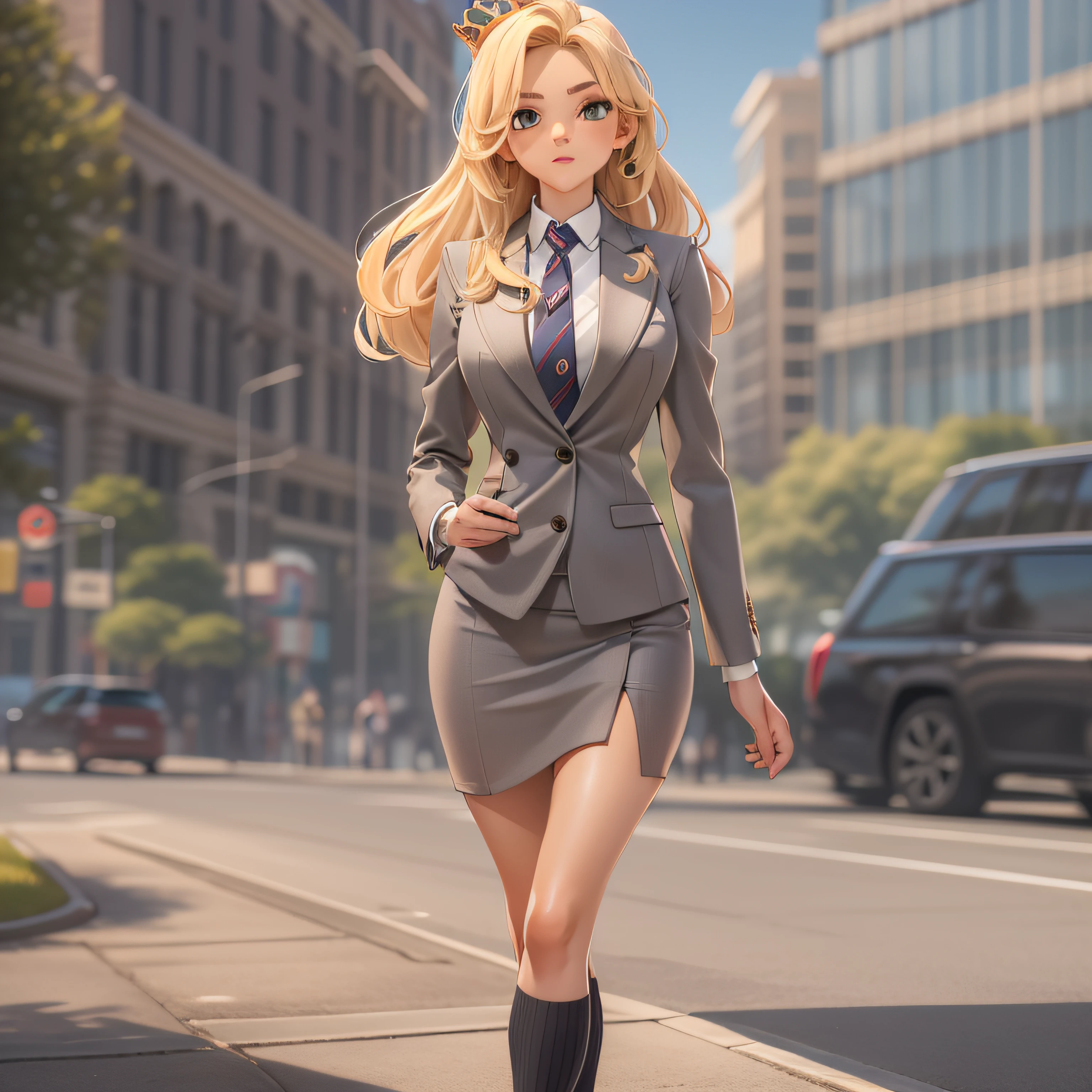 1 woman, solo, long hair, skirt suit, (((three-piece suit))), (((necktie))), blazer, (((suit jacket))), (((waistcoat))), double-breasted waistcoat, bodycon miniskirt, pencil skirt, crown, full body, curvy arms, defined legs, beautiful, long socks, curvilinear legs, blonde hair