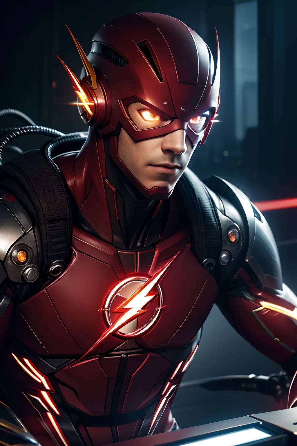 masterpiece, ultra detailed cg render of a cyborg flash, close up, the flash, mechanical arms, cyberpunk style, technological, dark, reflections, superficie scattering, 8k, badass, cinematic,perfect eyes,metal head, lights on the chest, wires, tubles, wires coming out the ciborg, UHD, finalelly detailed, high res, realistic