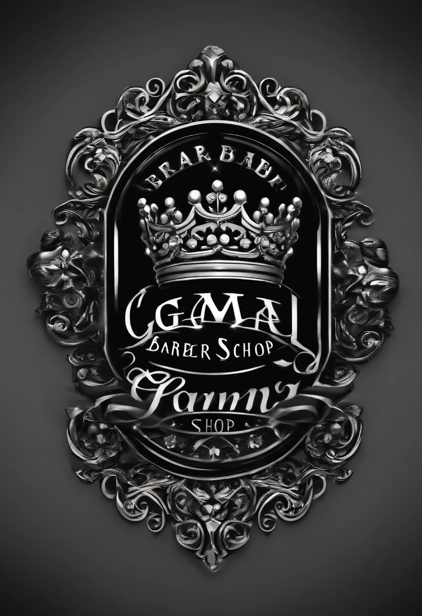 gamer logo. Black Word "CARTEL BARBER SHOP" calligraphy connected between a black crown ring, background deep gray. 4k, photo, fashion, cinematic, 3d render