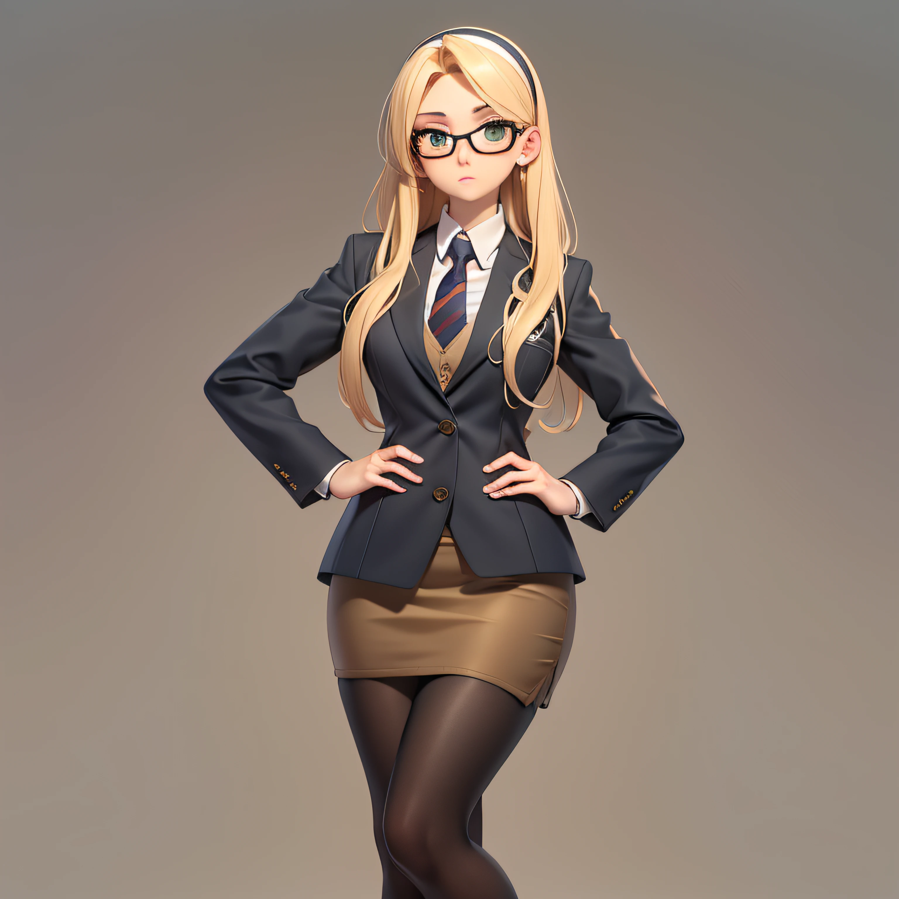 1 girl, solo, long hair, large glasses, black hairband, petite, short, skirt suit, (((three-piece suit))), (((necktie))), blazer, (((suit jacket))), (((waistcoat))), double-breasted waistcoat, bodycon miniskirt, pencil skirt, curvy arms, defined legs, beautiful, curvilinear legs, blonde hair, big head, spunky, hands on hips, tight clothing, slender figure, form fitting clothes