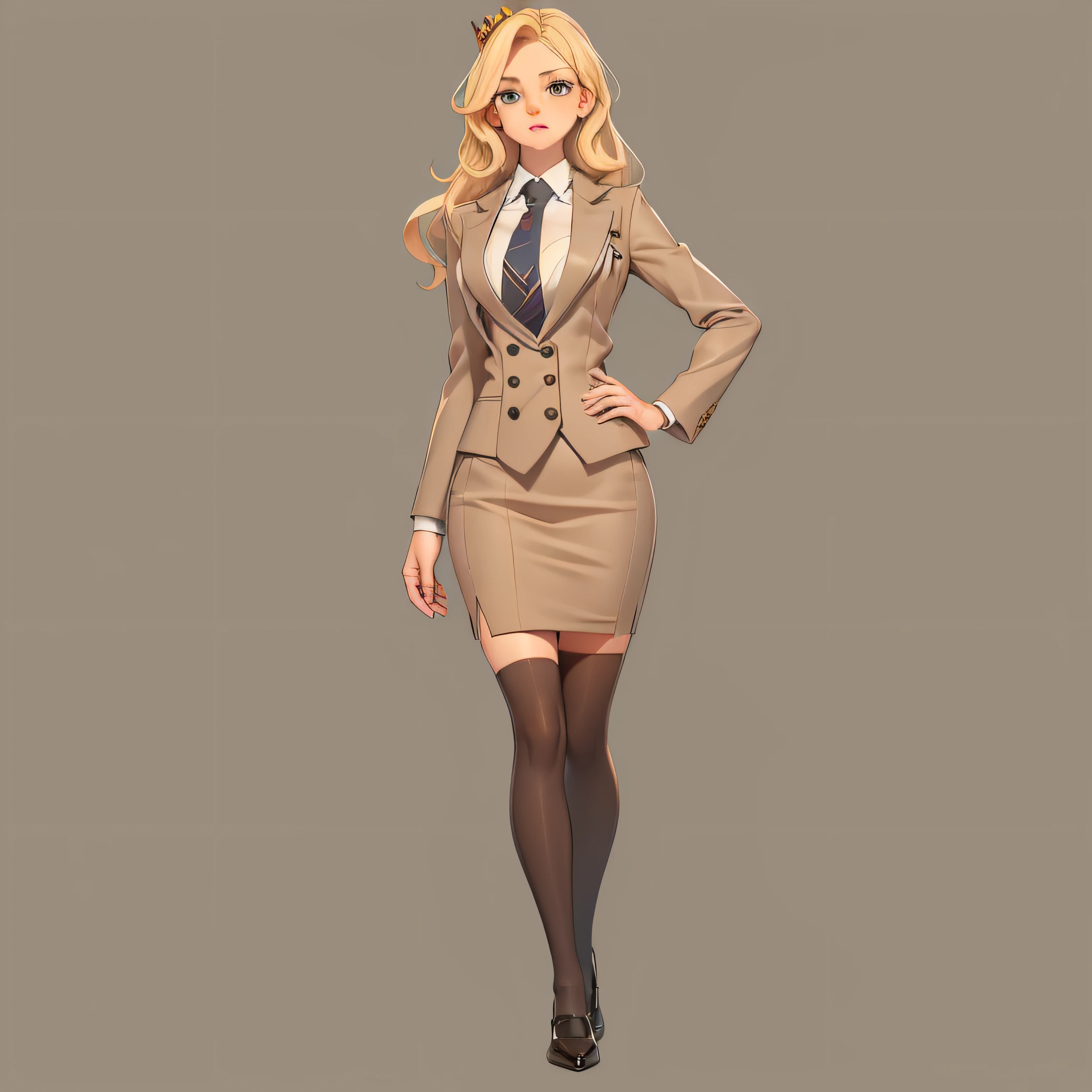 1 woman, solo, long hair, skirt suit, (((three-piece suit))), (((necktie))), blazer, (((suit jacket))), (((waistcoat))), double-breasted waistcoat, bodycon miniskirt, pencil skirt, crown, full body, curvy arms, defined legs, beautiful, long socks, curvilinear legs, blonde hair