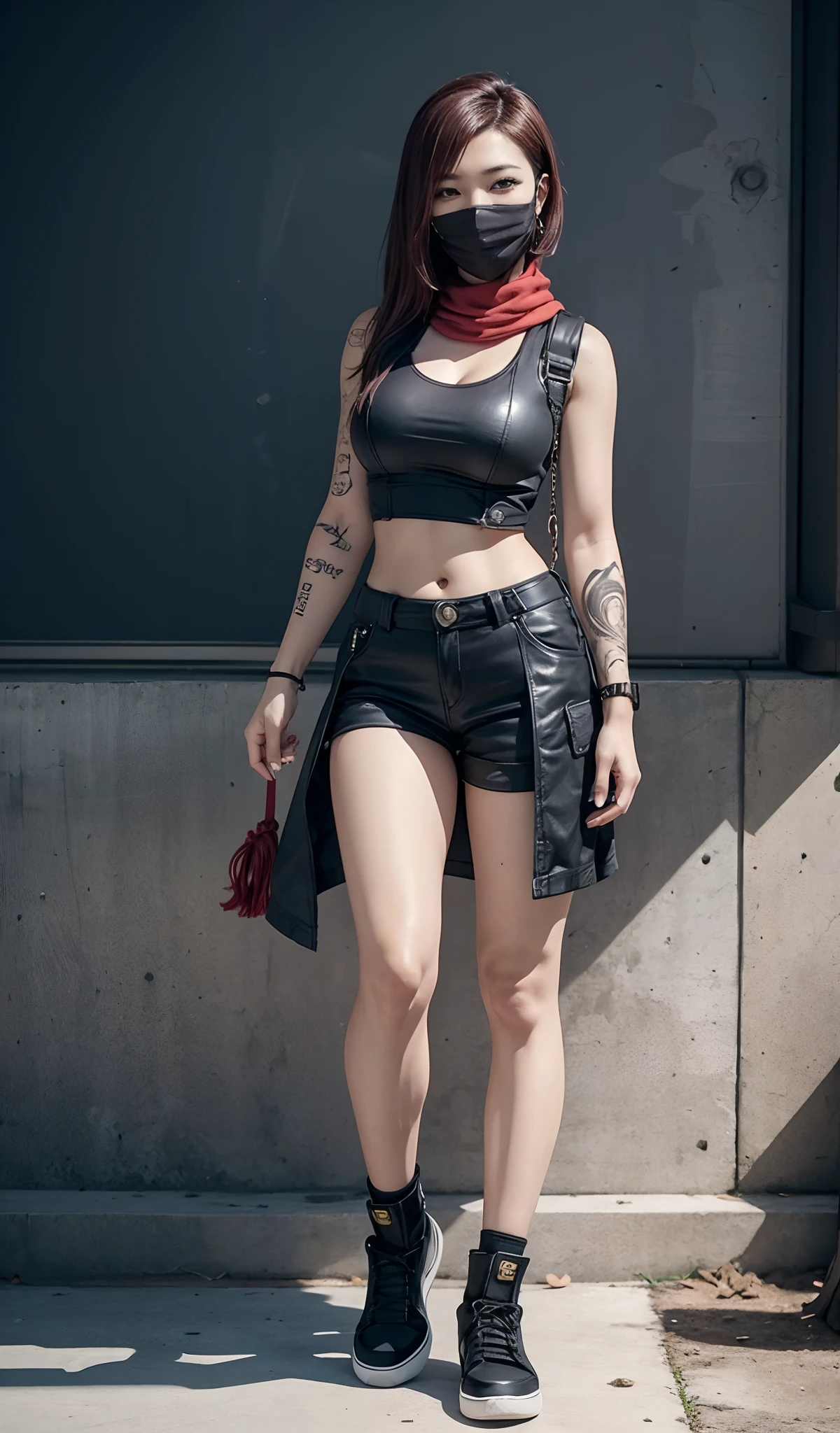 a close up of a person wearing a mask, by Yang J, trending on cg society, anime character; full body art, red bandana, urban girl fanart, tifa, techwear look and clothes, style game square enix, of taiwanese girl with tattoos, 2 0 2 2 anime style, hip hop style