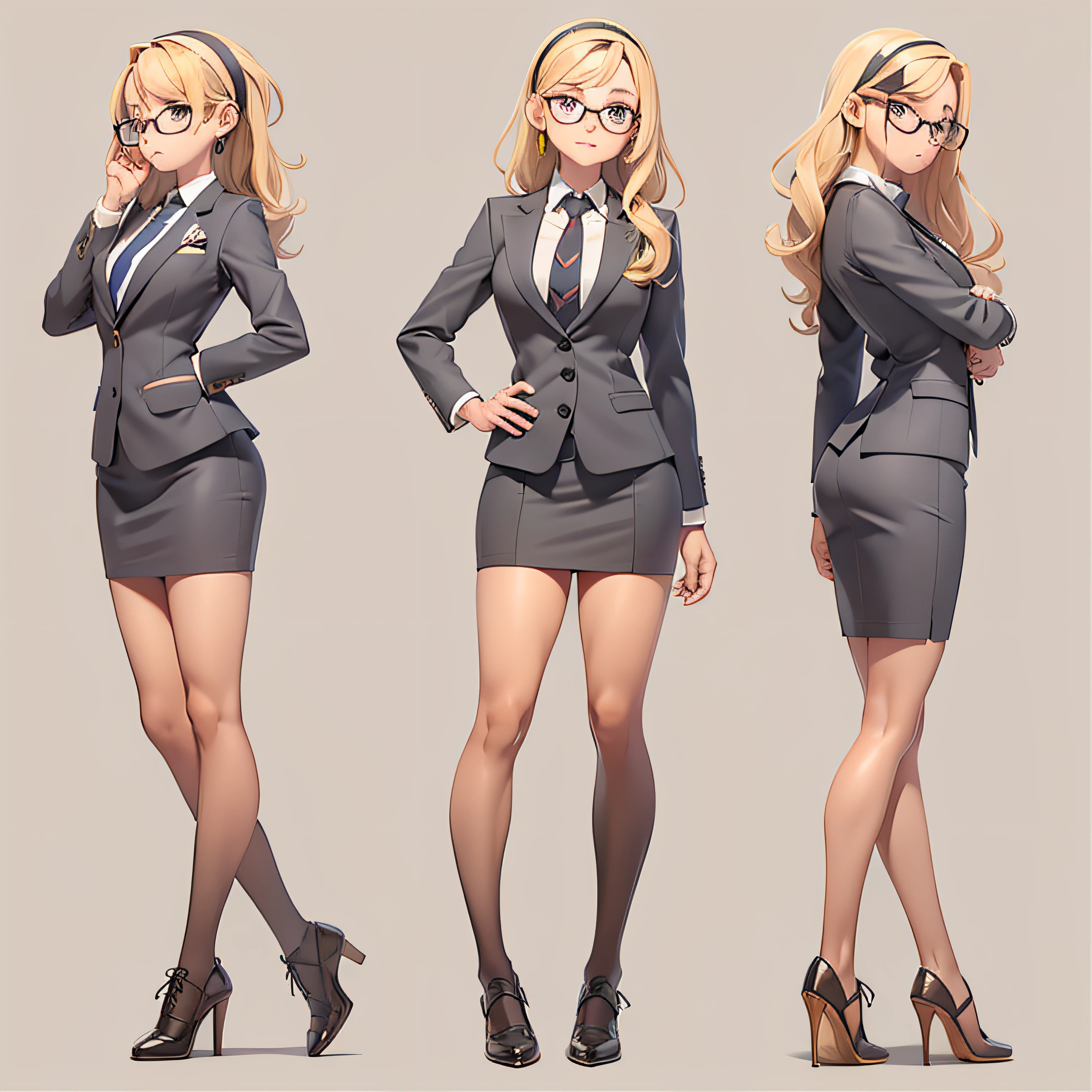 1 girl, solo, long hair, large glasses, black hairband, petite, short, skirt suit, (((three-piece suit))), (((necktie))), blazer, (((suit jacket))), (((waistcoat))), double-breasted waistcoat, bodycon miniskirt, pencil skirt, curvy arms, defined legs, beautiful, curvilinear legs, blonde hair, big head, spunky, hands on hips