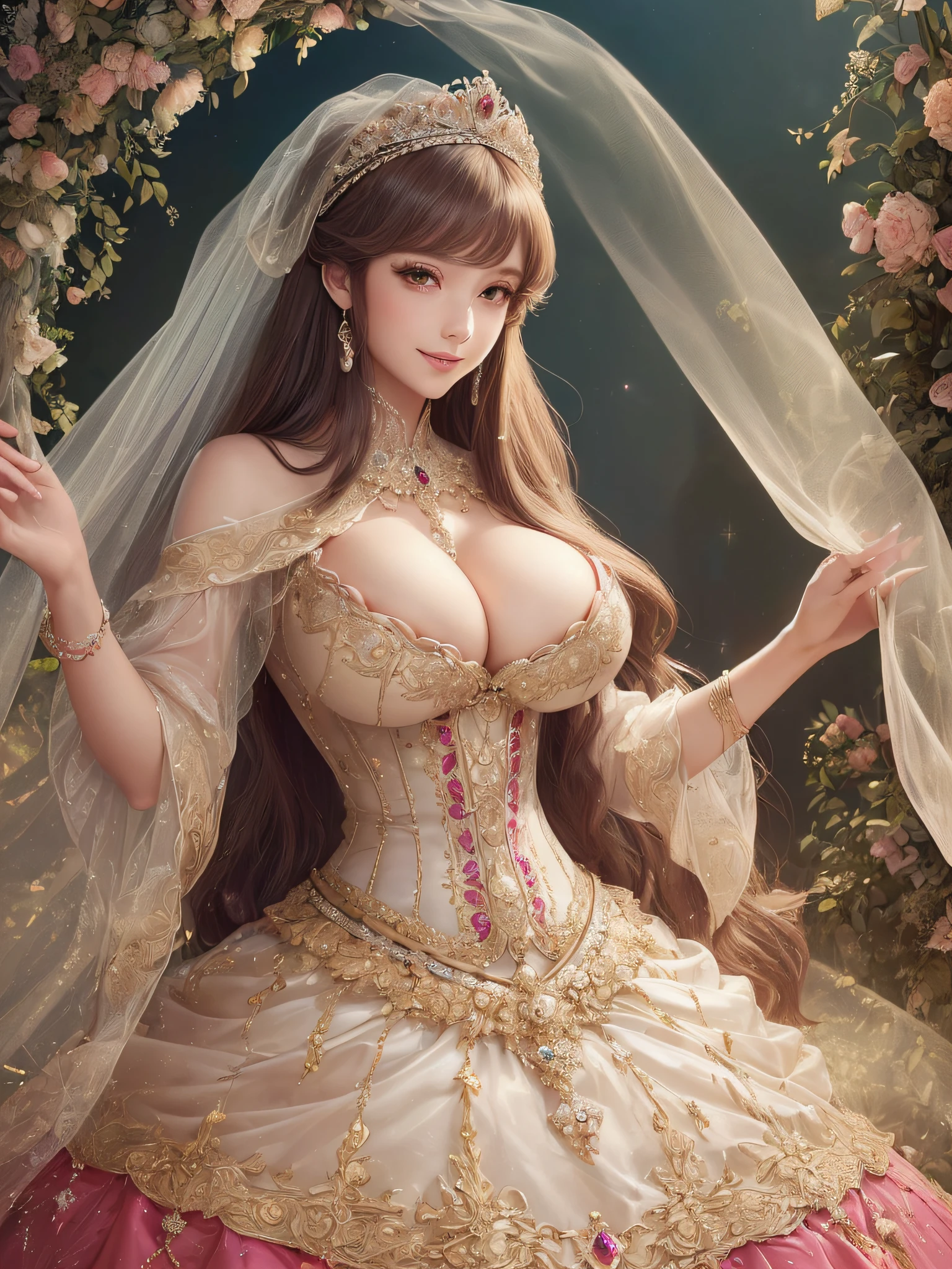 ((Anime Art Style)),(masutepiece),(Best Quality), (Super Detail),(Highly detailed CG Unity 8k wallpaper),((Very delicate and beautiful)),1 Lady,((Full body portrait)),((Stand in the garden)),((Solo)),(((One princess in a very gorgeous Rococo princess ball gown and a voluminous full-length hoop skirt adorned with gorgeous embroidery and jewels))),(((Giant Crinoline Hoop Skirt))),Long Train,((Gorgeous embroidery and jewelry)),voluminous ruffles,(((very very gigantic boobs,Skindentation))),cleavage,((very long straight hair,Very voluminous straight long hair,very long straight hair)),(finely detailed face and eyes),((Seductive smile,embarrassed)),Beautiful eyes like jewels,Very gorgeous hair ornament,(A very gorgeous tiara adorned with sparkly jewels),((Glitter Gorgeous Gemstone Jewelry)),Gorgeous Long Veil,((ultra long gloves)),(Beautiful background),(Full body),((Very gorgeous Rococo princess ball gown with gorgeous embroidery and jewels and voluminous full-length hoop skirt))