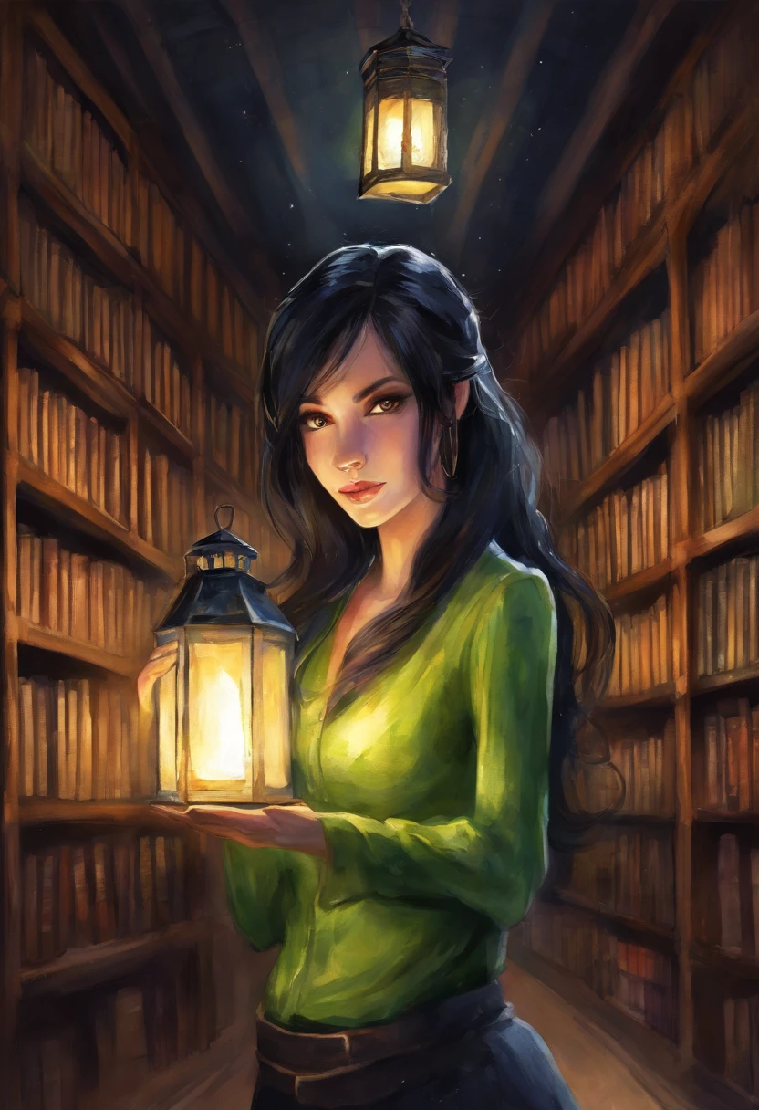 (anime) A dark library is illuminated only by a single lantern a woman is holding. The woman has black hair with green eyes, long hair down to the waist, and is wearing a black and white shirt along with a lime green shirt