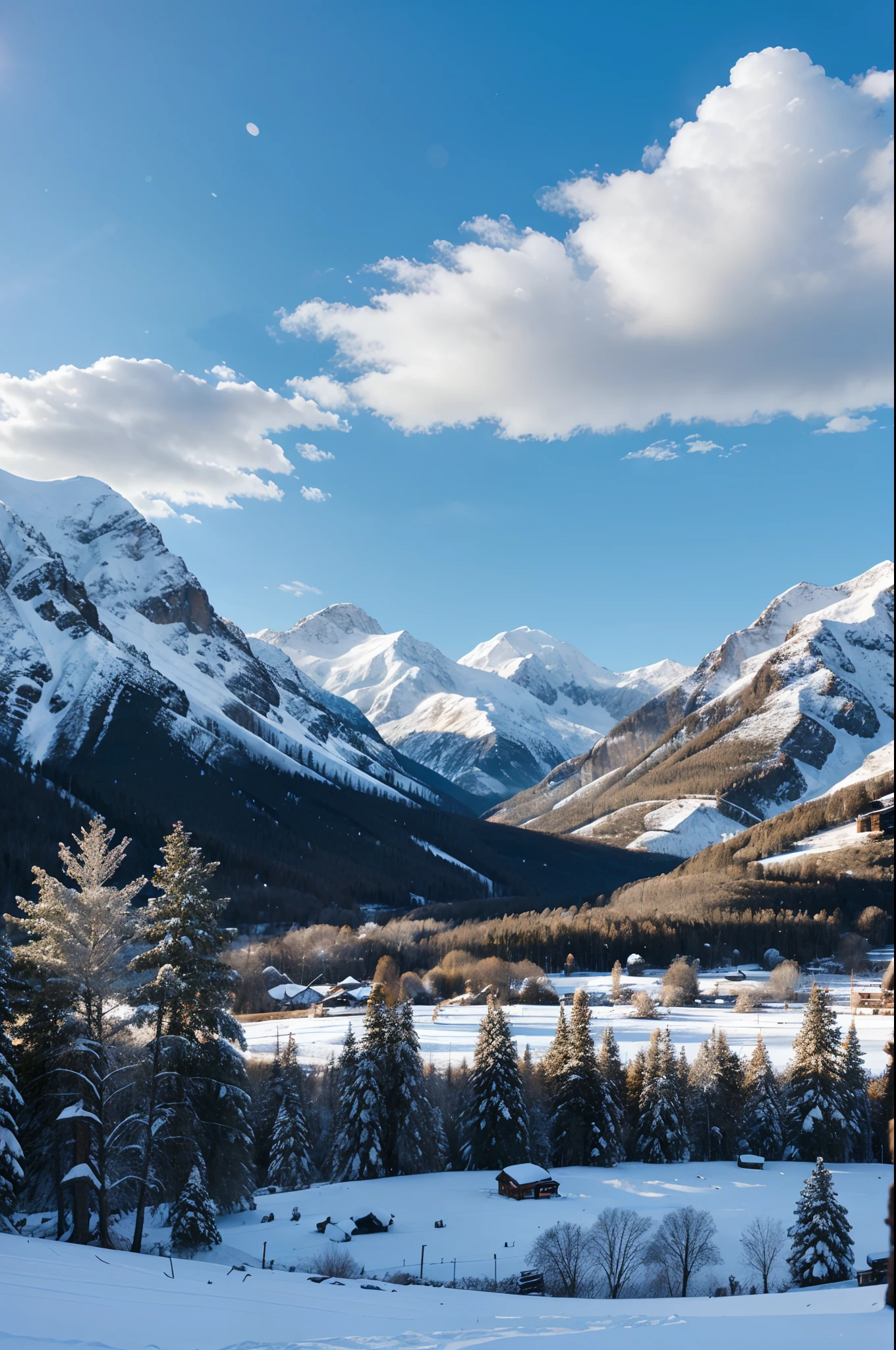 Create a scenery with beautiful snow-capped mountains and snowy trees and 4k blue sky image