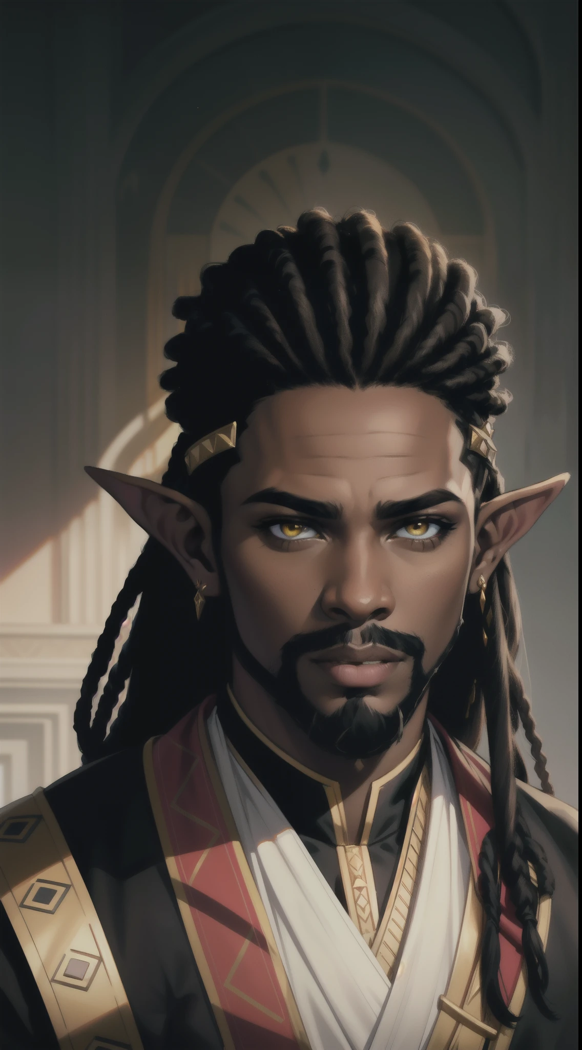 Portrait of an African-American king, with dark black dreadlocks, yellow eyes, king, beard, pointed ears, retired hero, Royal attire, perfect composition, hyper-detailed, 8K, high quality, perfect eyes, trending art, trending on artstation, sharp focus, studio photo, intricate details