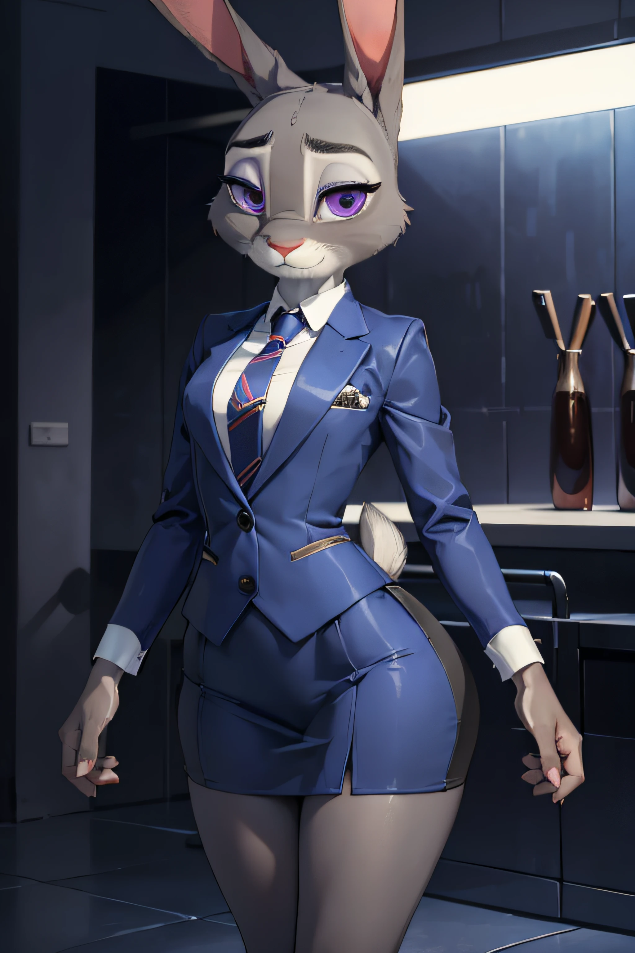 best quality, masterpiece, solo, 1girl,  JudyHopps, skirt suit, (((three-piece suit))), necktie, blazer, suit jacket, waistcoat, (((bodycon skirt))),