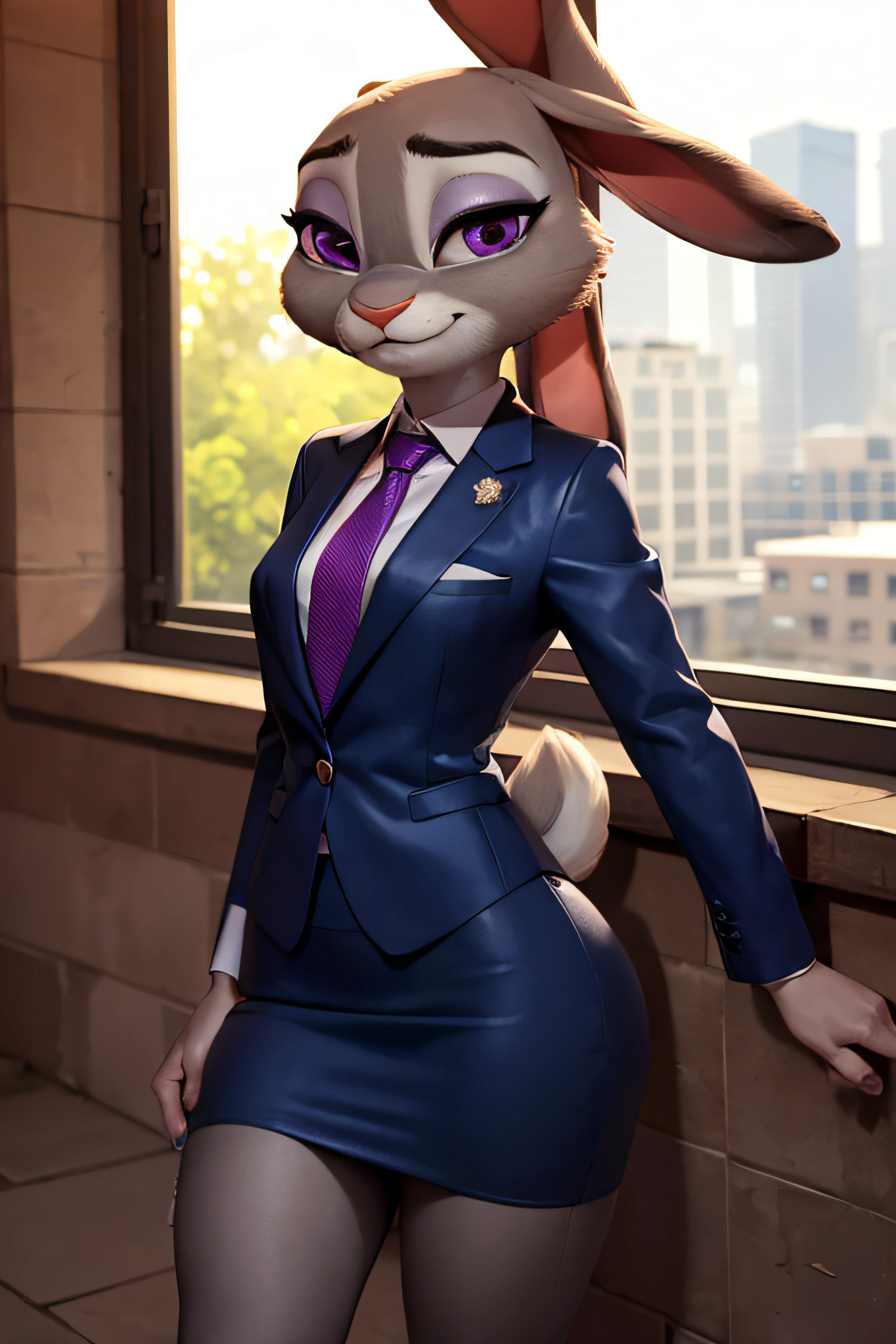 best quality, masterpiece, solo, 1girl,  JudyHopps, skirt suit, (((three-piece suit))), necktie, blazer, suit jacket, waistcoat, (((bodycon skirt))),