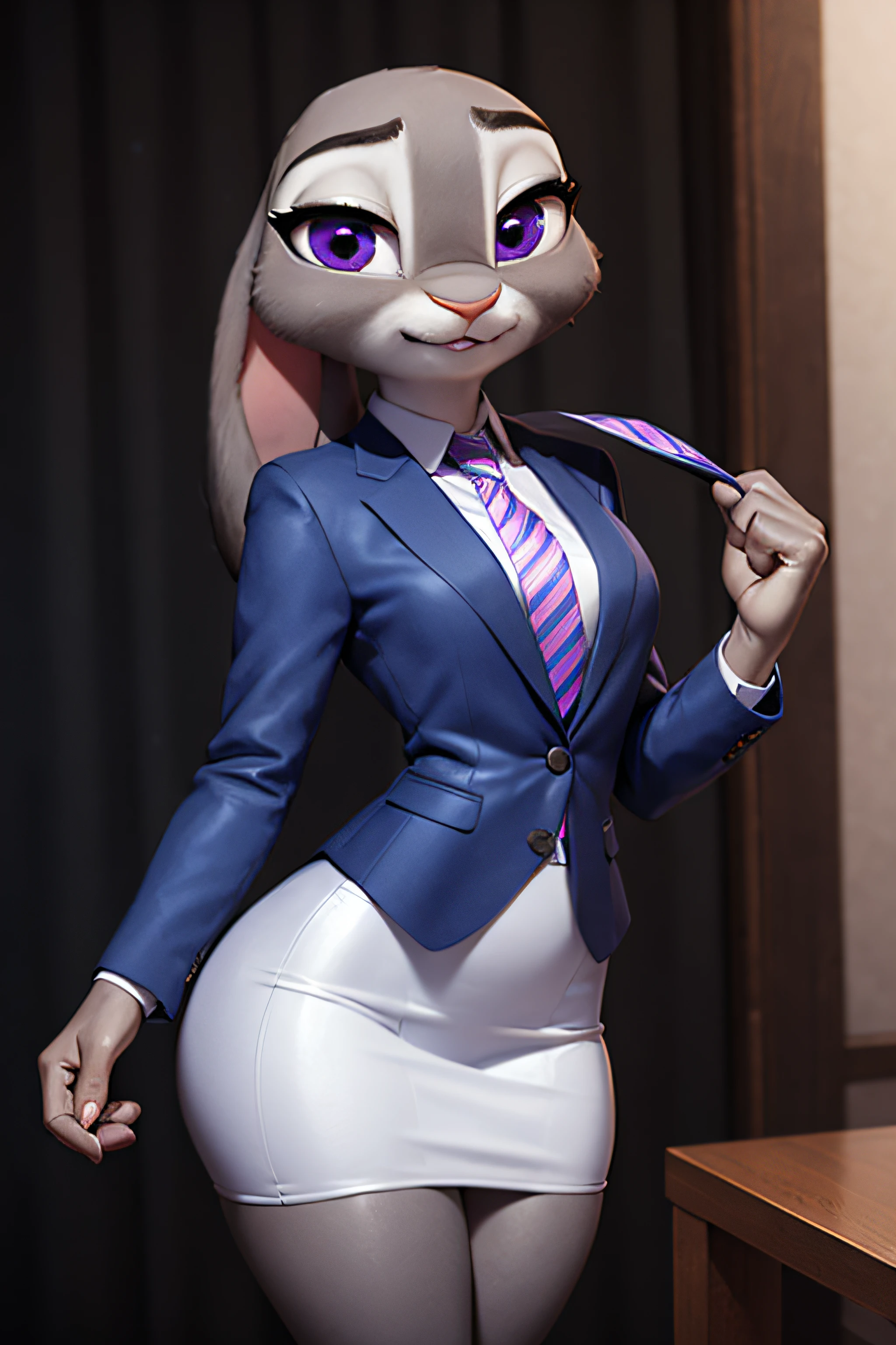 best quality, masterpiece, solo, 1girl,  JudyHopps, skirt suit, (((three-piece suit))), necktie, blazer, suit jacket, waistcoat, (((bodycon skirt))),