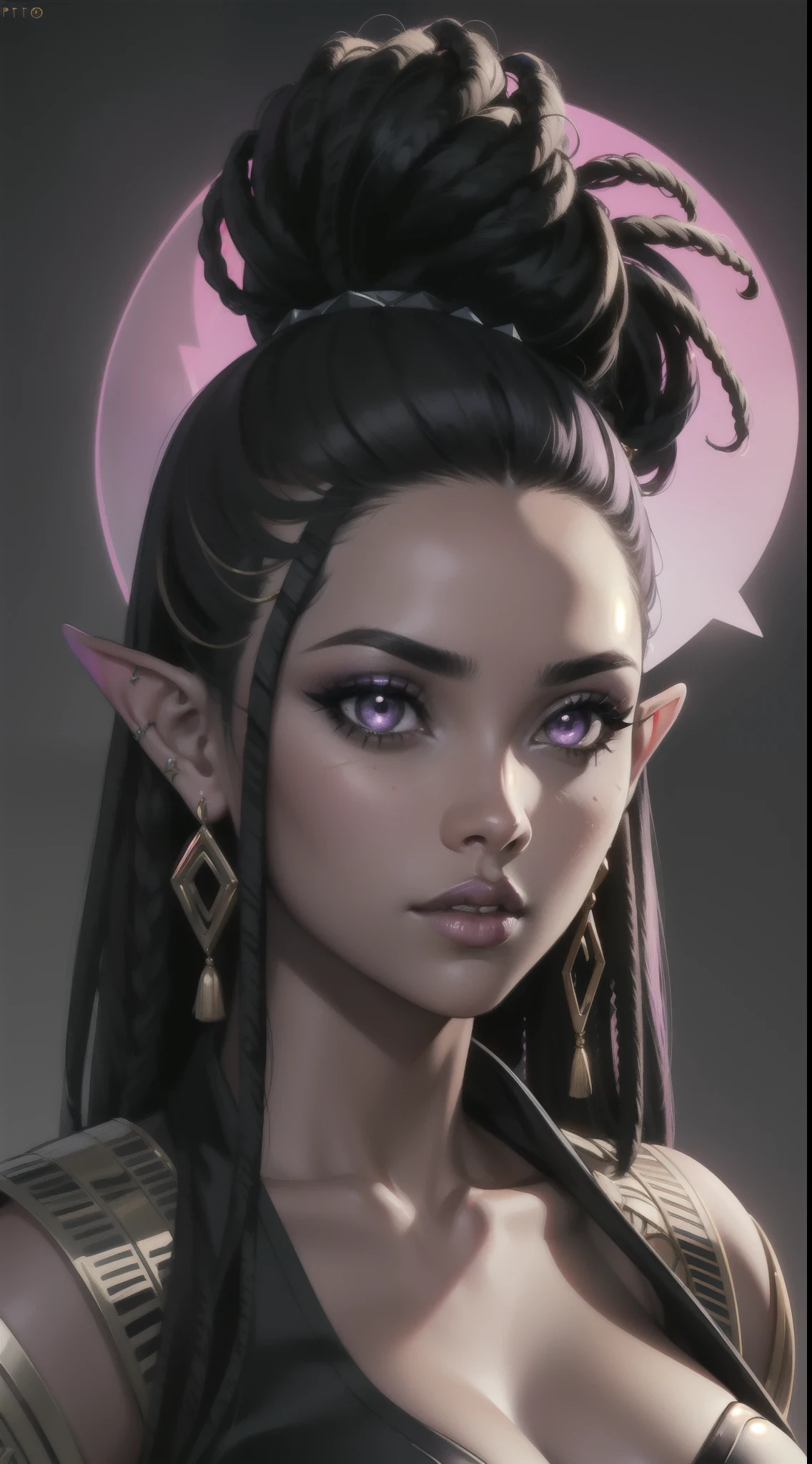 Portrait of an African-American woman, with dark black dreadlocks, purple eyes, pointed ears, slutty assassin, sexy sorceress, lust demon, perfect composition, hyper-detailed, 8K, high quality, perfect eyes, trending art, trending on artstation, sharp focus, studio photo, intricate details