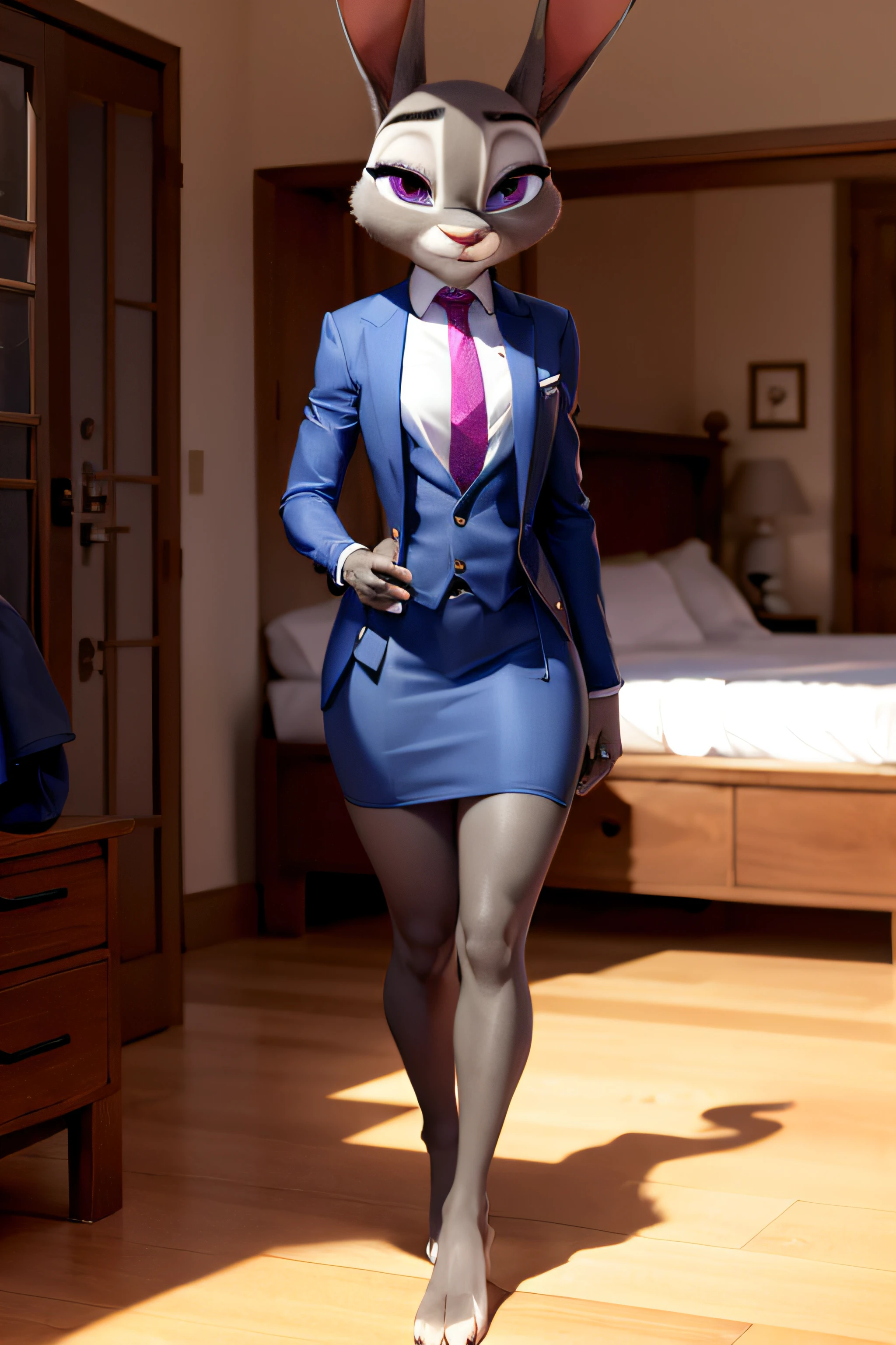 best quality, masterpiece, solo, 1girl,  JudyHopps, navy skirt suit, (((three-piece suit))), necktie, (((blazer))), suit jacket, (((waistcoat))), double-breasted waistcoat, (((bodycon skirt))), bedroom eyes