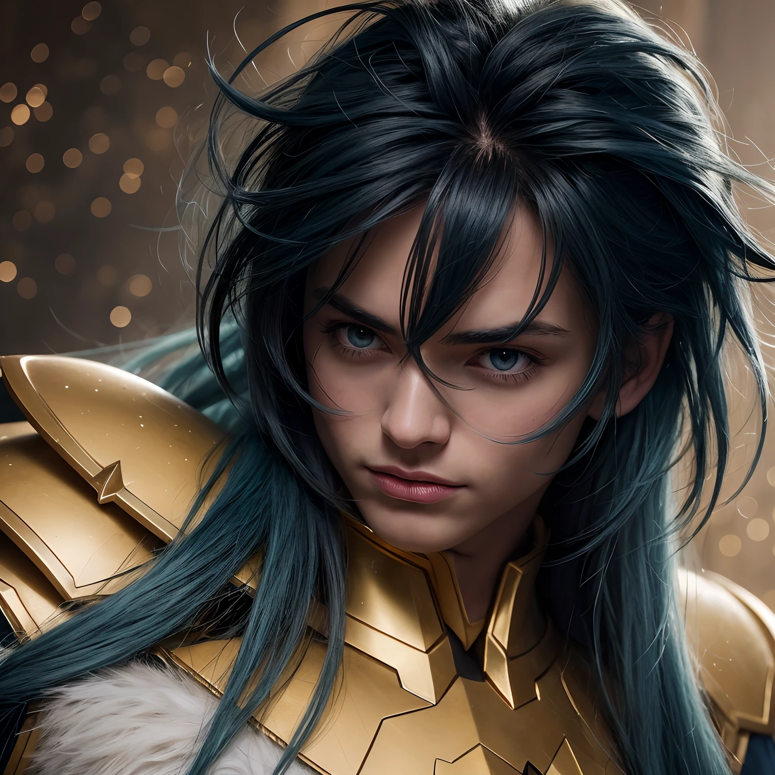 cinemactic, incrivelmente detalhado e ultrarrealista, Camus of Aquarrius Saint Seiya. Close up. He's wearing pretty realistic golden armor. Armadura dourada brilhante. Bright golden armor. Armadura com brilho natural. Octane is the perfect tool to capture the softest details of this 16k photography masterpiece. He is a handsome white man about ((35 years)) old. 1 homen. ((French man)). beautiful face. Rosto detalhado. Nariz bonito. Nariz fino e alongado. (Olhos azuis muito grandes). olhos perfeitos. ((depilado)). Strong expression. He has long (light blue) hair. messy hair with bangs. messy hair. Pelas de rosas flutuando em torno ele. Landscape starry sky.
