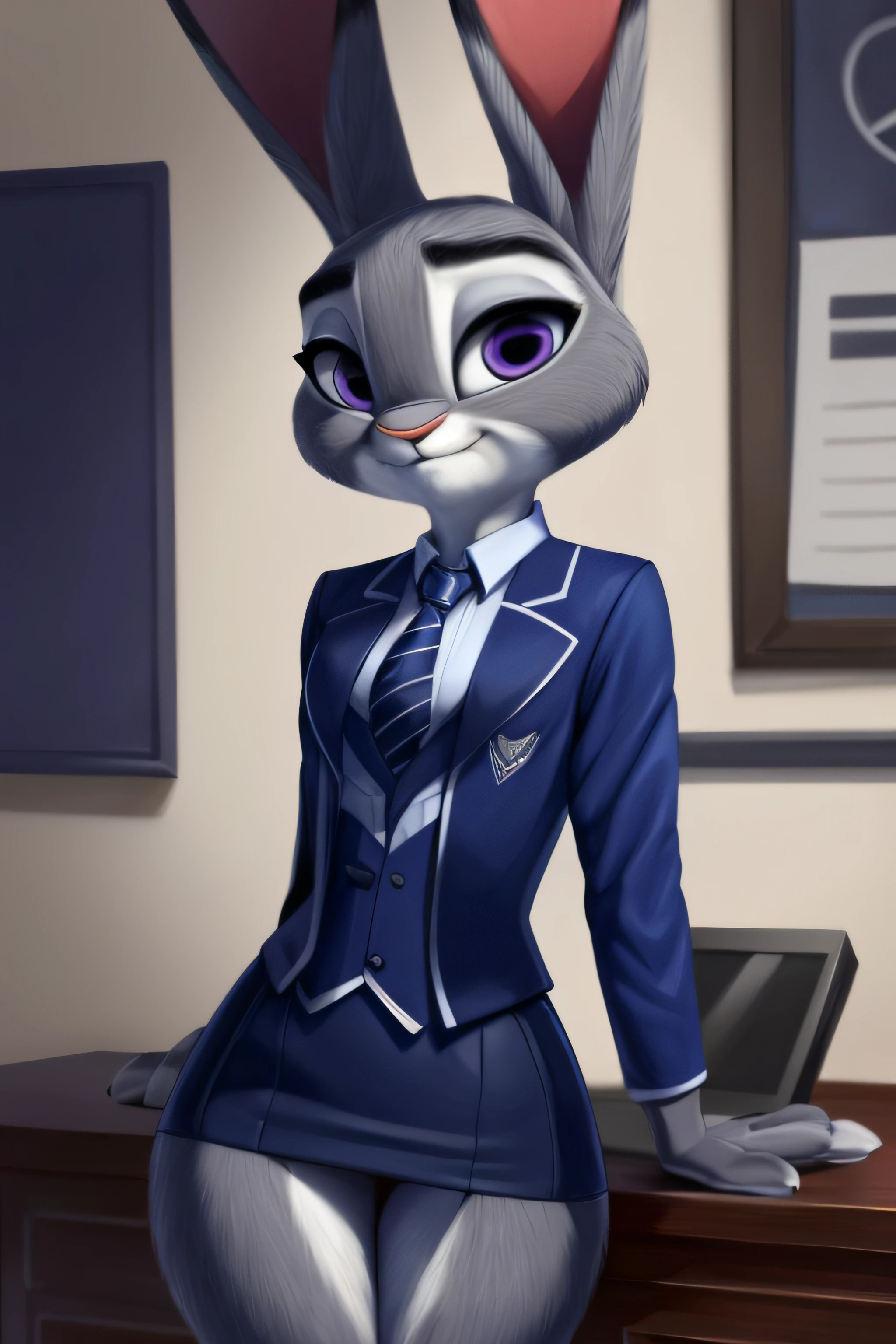 best quality, masterpiece, solo, 1girl, JudyHopps, navy skirt suit, (((three-piece suit))), necktie, (((blazer))), suit jacket, (((waistcoat))), double-breasted waistcoat, (((bodycon miniskirt))), pencil skirt, bedroom eyes, short, petite body,