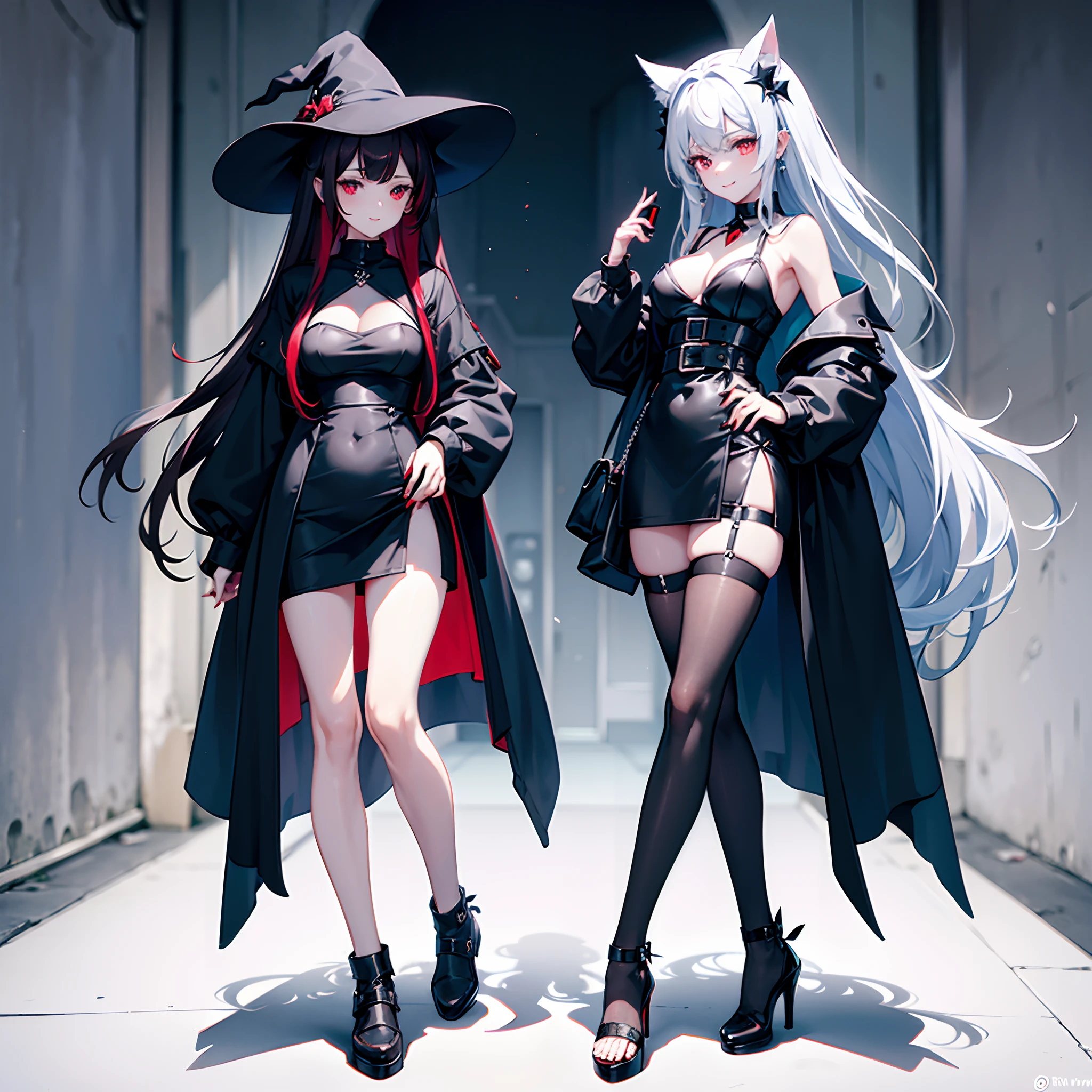Two witch girls roaming the streets in the middle of the night、One has long white hair with an emerald green mesh, blue eyes with highlights, wears a large black witch hat with sapphire accessories, wears a white T-shirt, a black coat, a black skirt, and black sneakers with white shoelaces.、The other has short black hair with red mesh, red eyes with highlights, wears a black witch hat, wears a white T-shirt, wears a black coat, wears a navy blue miniskirt, and wears black sneakers with white shoelaces.、B cup breasts、discreet breasts、Small、Looking at me with a smile、Modest but beautiful、Beautiful illustration