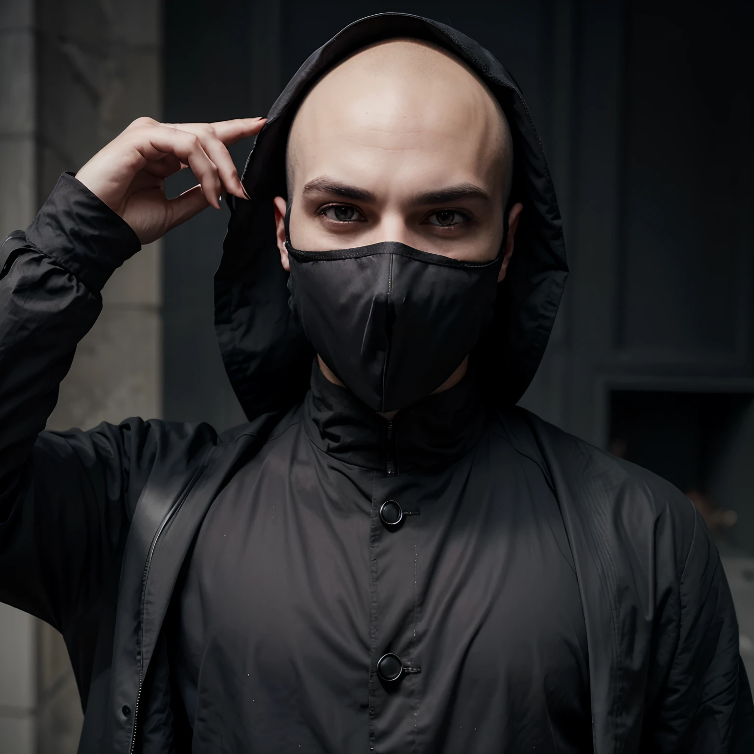 A vampire like male with a dark robtic suit with a mask covering his mouth, red pircing eyes, no hair, and grey skin.
