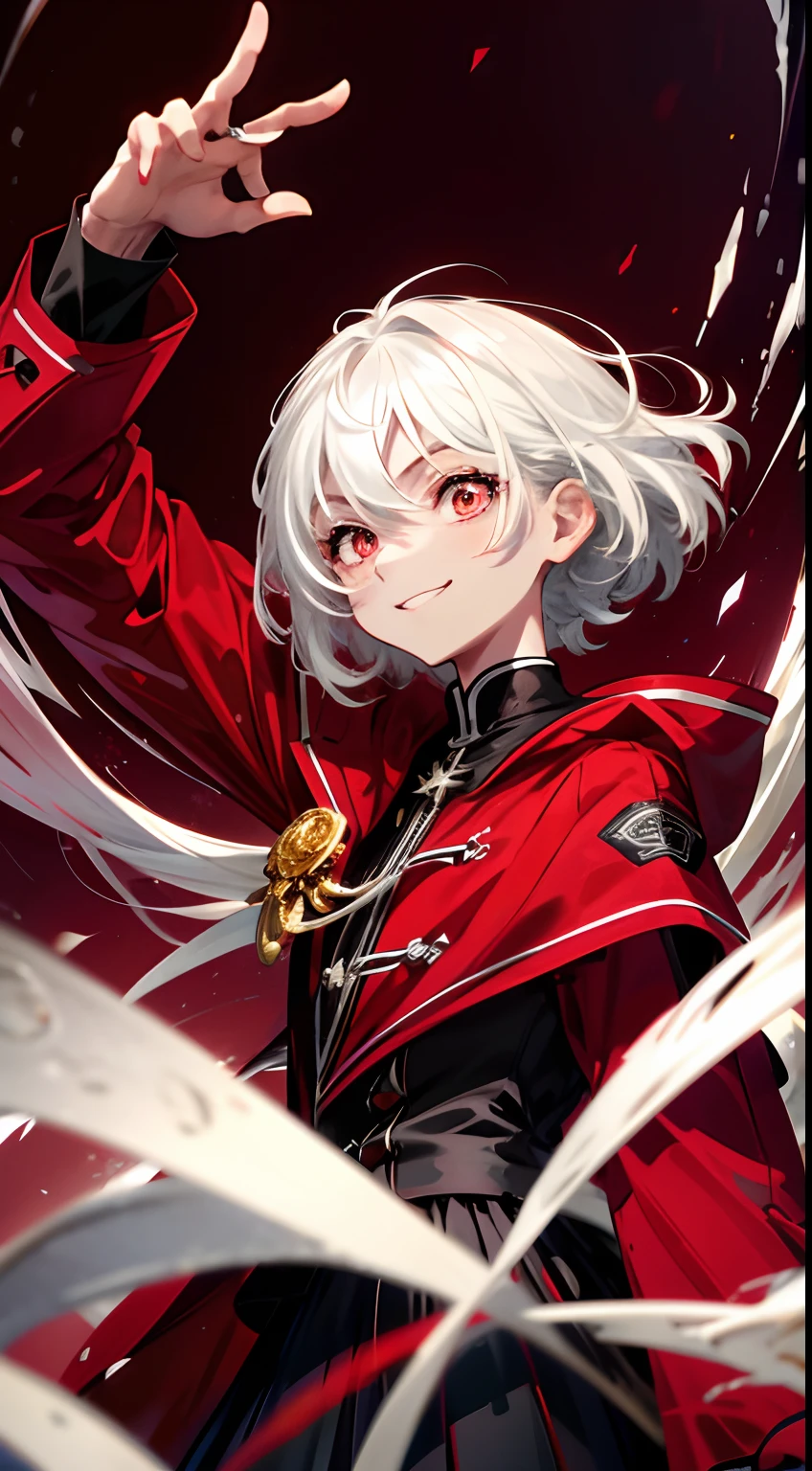 (high-quality, breathtaking),(expressive eyes, perfect face), short, young boy, medium white hair, red eyes, smiling, Red coat with black details, Black Short skirt, red roses background