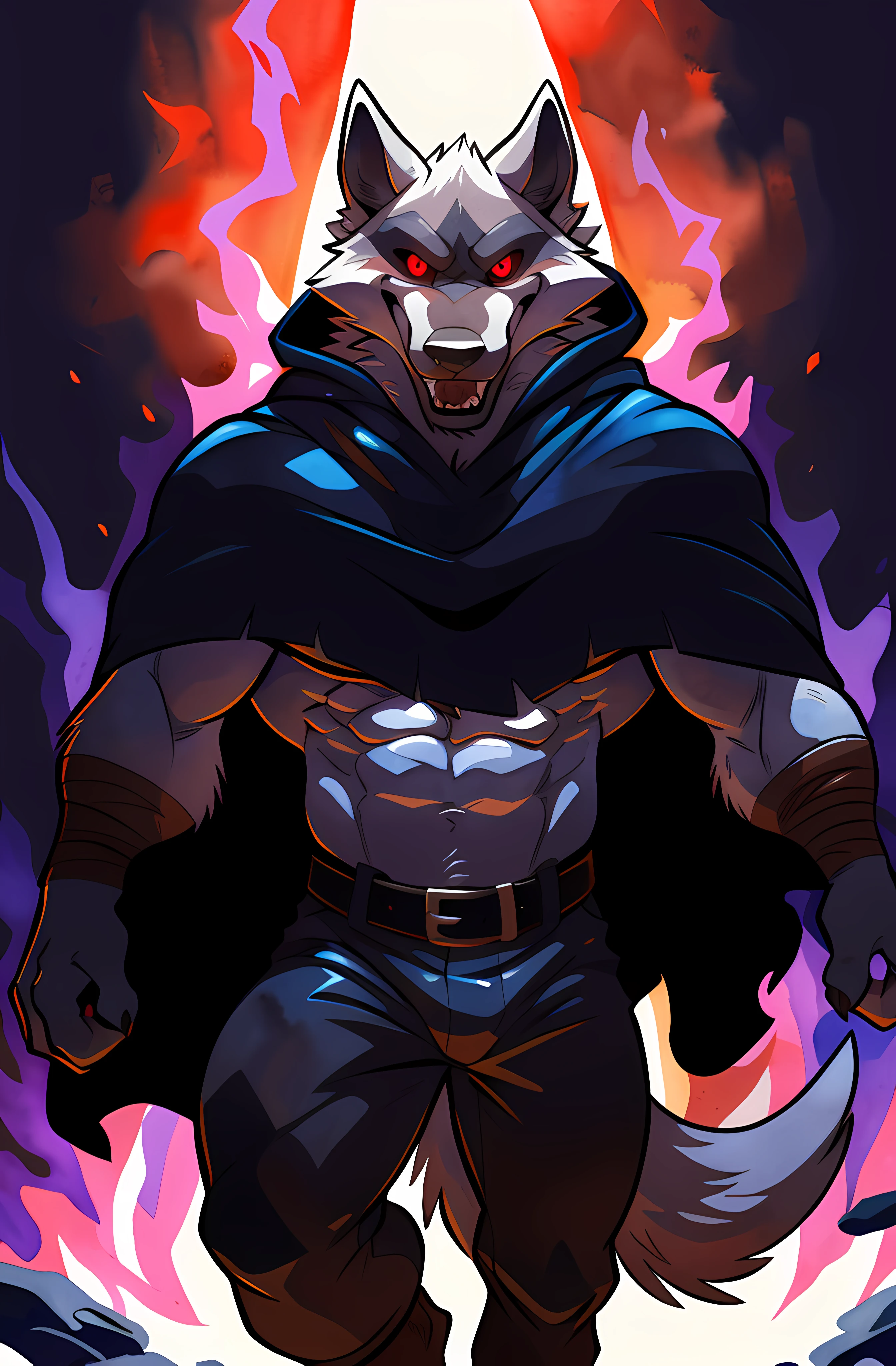 deathwolf, 4k, high resolution, best quality, posted on e621, solo, anthro body, male, adult, very masculine, (very muscular, defined muscles:1.2), cartoony proportions, (no background, black background, framed by purple fire, stylized background:1.1), (by wfa:1.0), (by negger:1.0), (detailed eyes, red eyes, evil eyes, looking at camera:1.1), (cel shaded:1.2), cartoony shading, confident, proud, strong, serious eyes, open mouth, smile, (full body, front view, walking towards camera, arms spread:1.2), (watercolors:1.0), (black pants, belt, black cloak, black poncho), (dramatic lighting, glow, darkness:1.3),