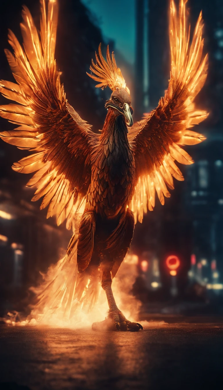 (High quality,Masterpiece:1.2),Mechanical,Fire Phoenix,cyber punk perssonage,detailed feathered,metal wings,Glowing eyes,Futuristic city landscape,Steam powered,Fire and smoke,Neon lights,Machinery,industry,urban,during night,Depth of field,Vibrant colors,shadows  and highlights